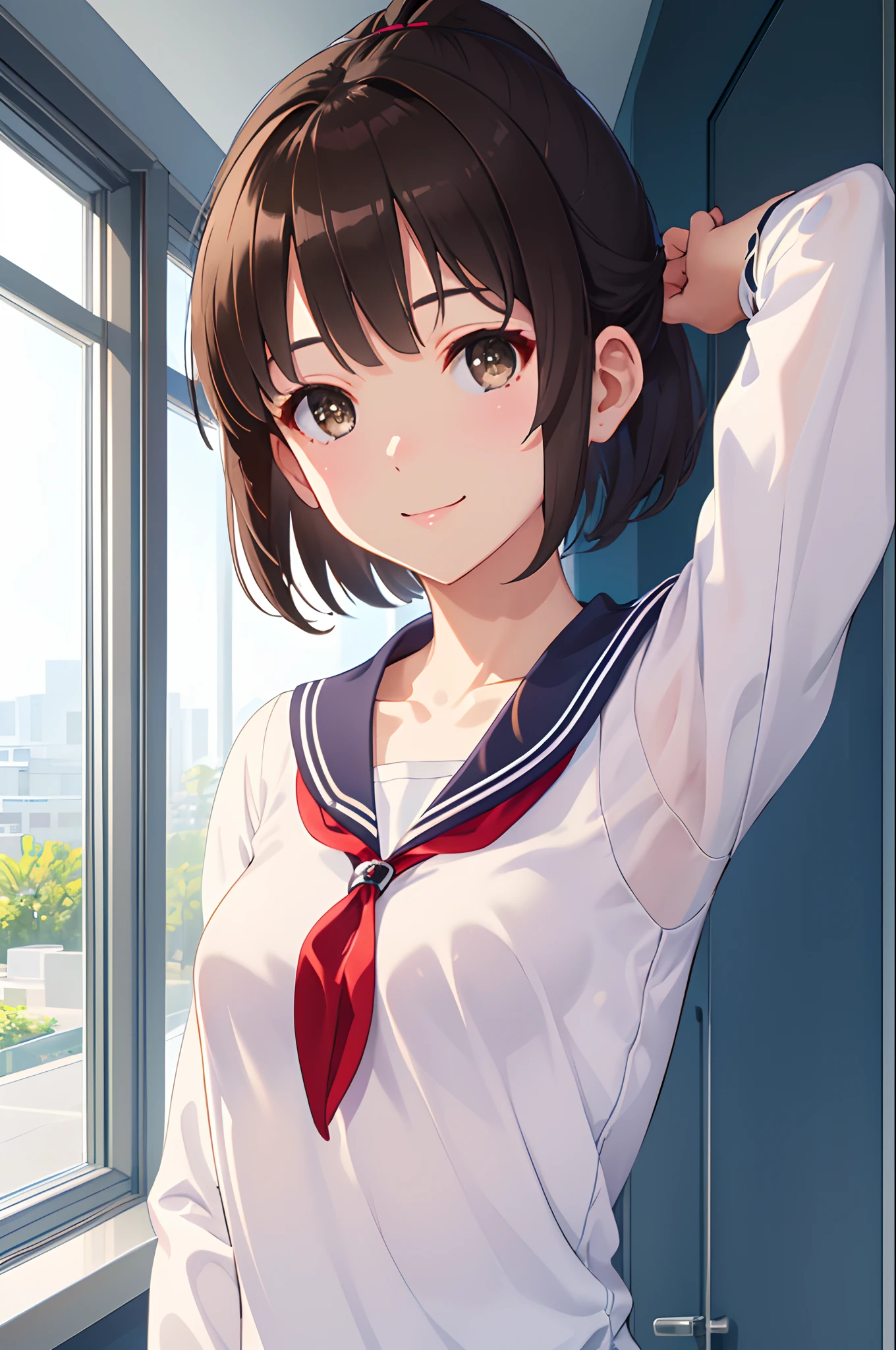 (masterpiece:1.6, best quality), (finely detailed beautiful eyes: 1.2),  ph_katou, katouhdshort, 1girl, phground, , solo, brown hair, school uniform, brown eyes, ponytail, short hair, bangs, smile, collarbone, serafuku, sailor collar, long sleeves, indoors, closed mouth, ribbon,,(masterpiece), (best quality), (shiny hair), (shiny skin), (shiny skin), solo, twin tail hair, small breast, small boobs, flat, chest ((upper body)), (micro bikini), presenting armpit, bare shoulder, collar bone, (mole armpit), arm up, beach, selfie