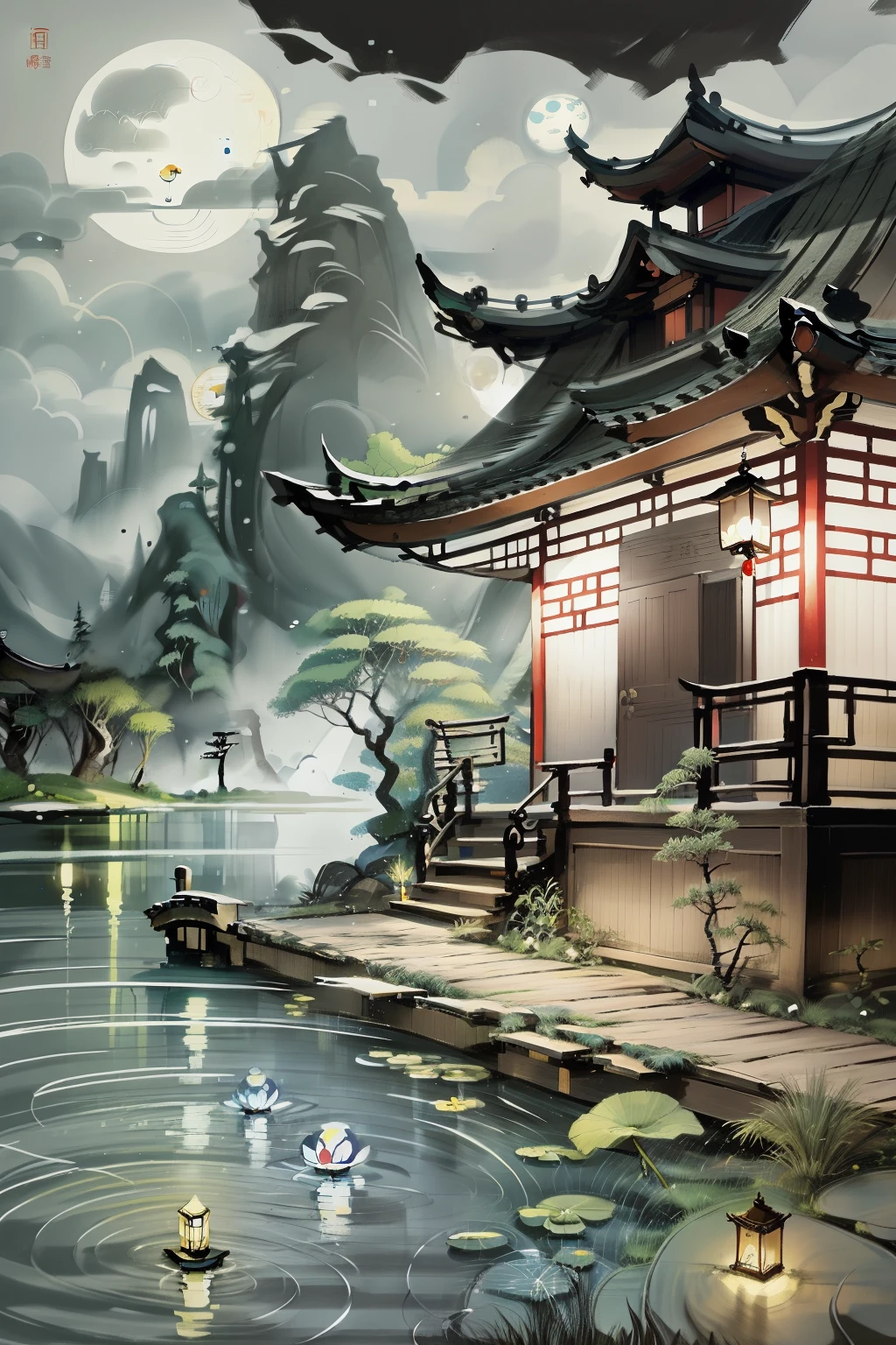 masterpiece,best quality,Chinese martial arts style,an asian night scene with lanterns and water lilies,asian pond with many lanterns and boatsa night scene with many lights and boats in the water, Lake surface, lotus flowers,beautiful night scene,(((Chinese martial arts style))), with vast sky, continuous mountains and steep cliffs, ink wash style, outline light, atmospheric atmosphere, depth of field, mist rising, bamboo, pine trees, octagonal stone pavilion, waterfall flowing water,big full moon,(No color) , Monochrome, light color,