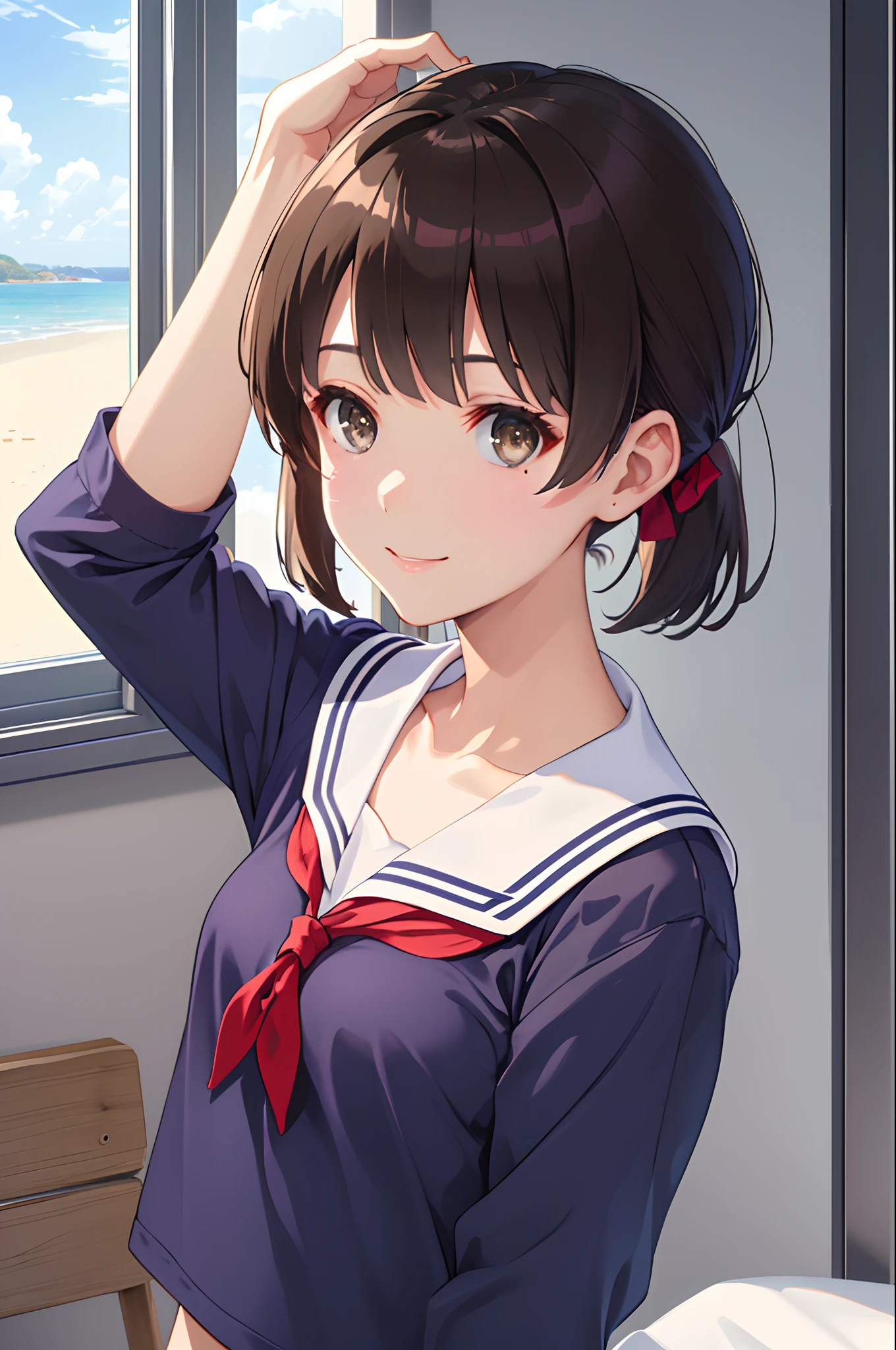 (masterpiece:1.6, best quality), (finely detailed beautiful eyes: 1.2),  ph_katou, katouhdshort, 1girl, phground, , solo, brown hair, school uniform, brown eyes, ponytail, short hair, bangs, smile, collarbone, serafuku, sailor collar, long sleeves, indoors, closed mouth, ribbon,,(masterpiece), (best quality), (shiny hair), (shiny skin), (shiny skin), solo, twin tail hair, small breast, small boobs, flat, chest ((upper body)), (micro bikini), presenting armpit, bare shoulder, collar bone, (mole armpit), arm up, beach, selfie