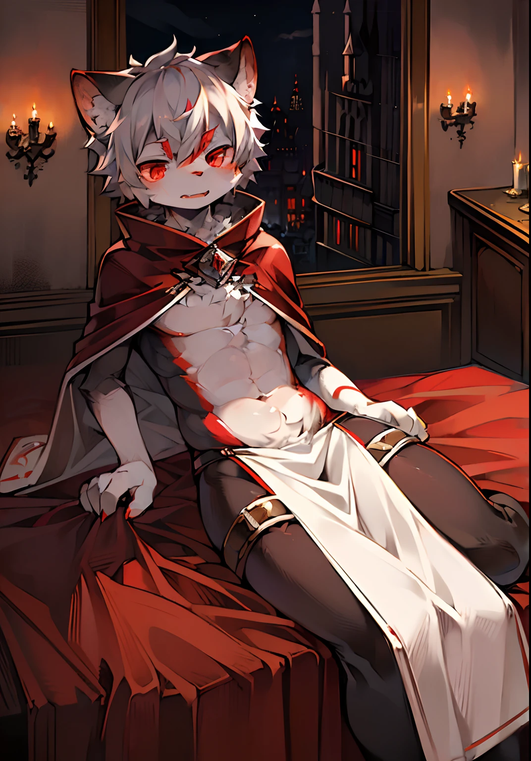 (dark environment:0.8),masterpiece, high quality, absurd res, digital painting \(artwork\), by dagasi, yupa,kiyosan,(anthro,fluffy fur,character focus:1.1),anthro male cat,short hair,portrait, bright eyes,panorama,character focus.(detailed background:0.7),solo,furry,furry male ,male focus,anthr,(Full body fur, fluffy tail, white fur,red eyes,gray hair:1.2),(long canines,vampire, cape:1.2),(interior,night, castle, coffin:1.1)