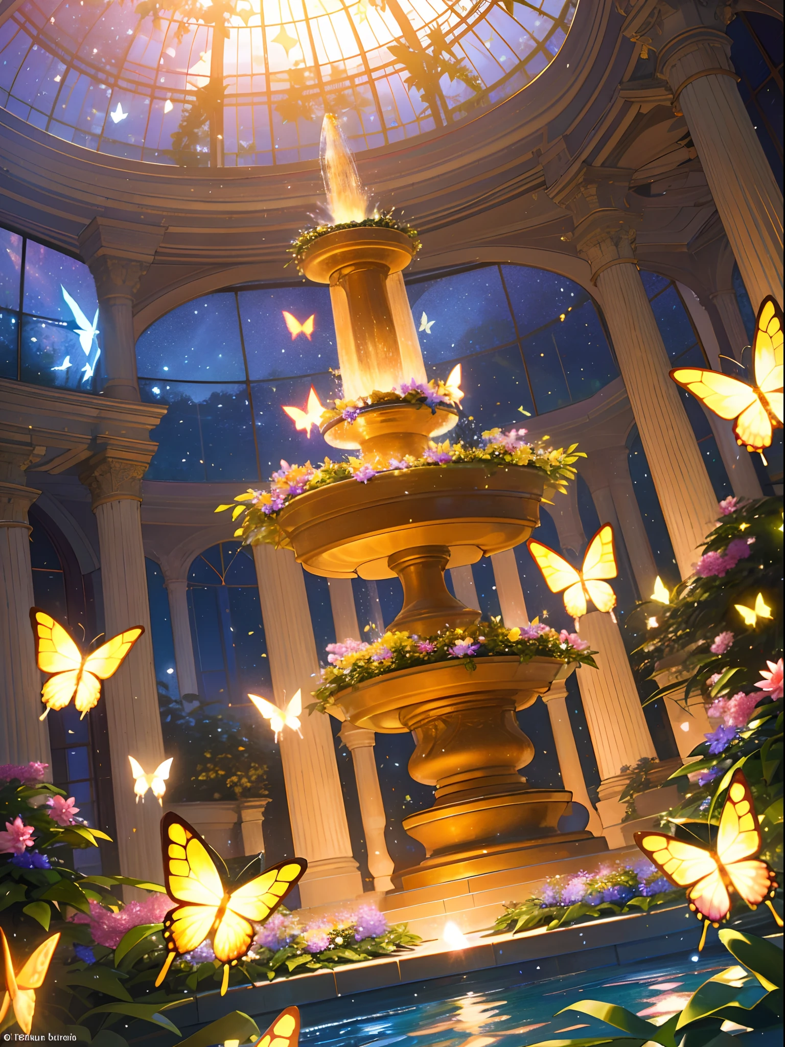 (top quality, masterpiece, ultra-realistic), night, starry skies, magical indoor botanical garden, dome, sparkling water fountain, lots of flowers, glowing butterflies, background landscape is a garden with petals and papas flying around. --v6