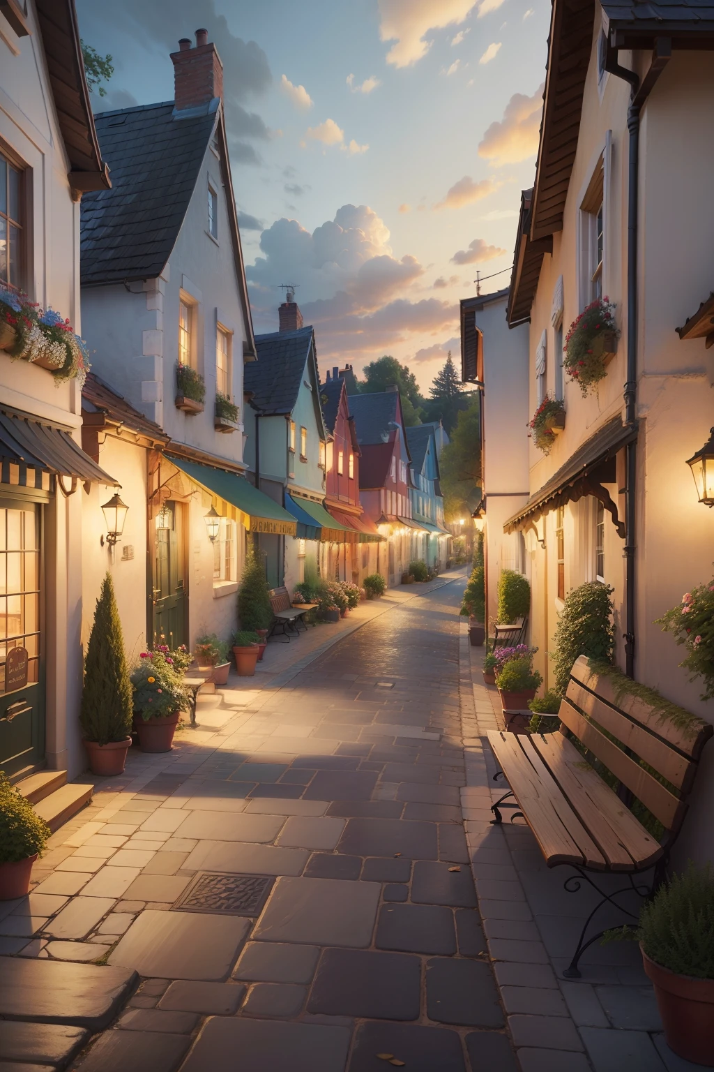 Street scene painted with cafes and benches, quaint village, Thomas Kinkade CFG _ Level 9, french village exterior, Thomas Kinkade CFG _ Scale 8, Inside the French village, tomas kinkade, author:Bernard DeAndrea, author:Arthur Penn, streetview, Pierre Roy, cottage town, countryside city scene, landscape artwork, view over city