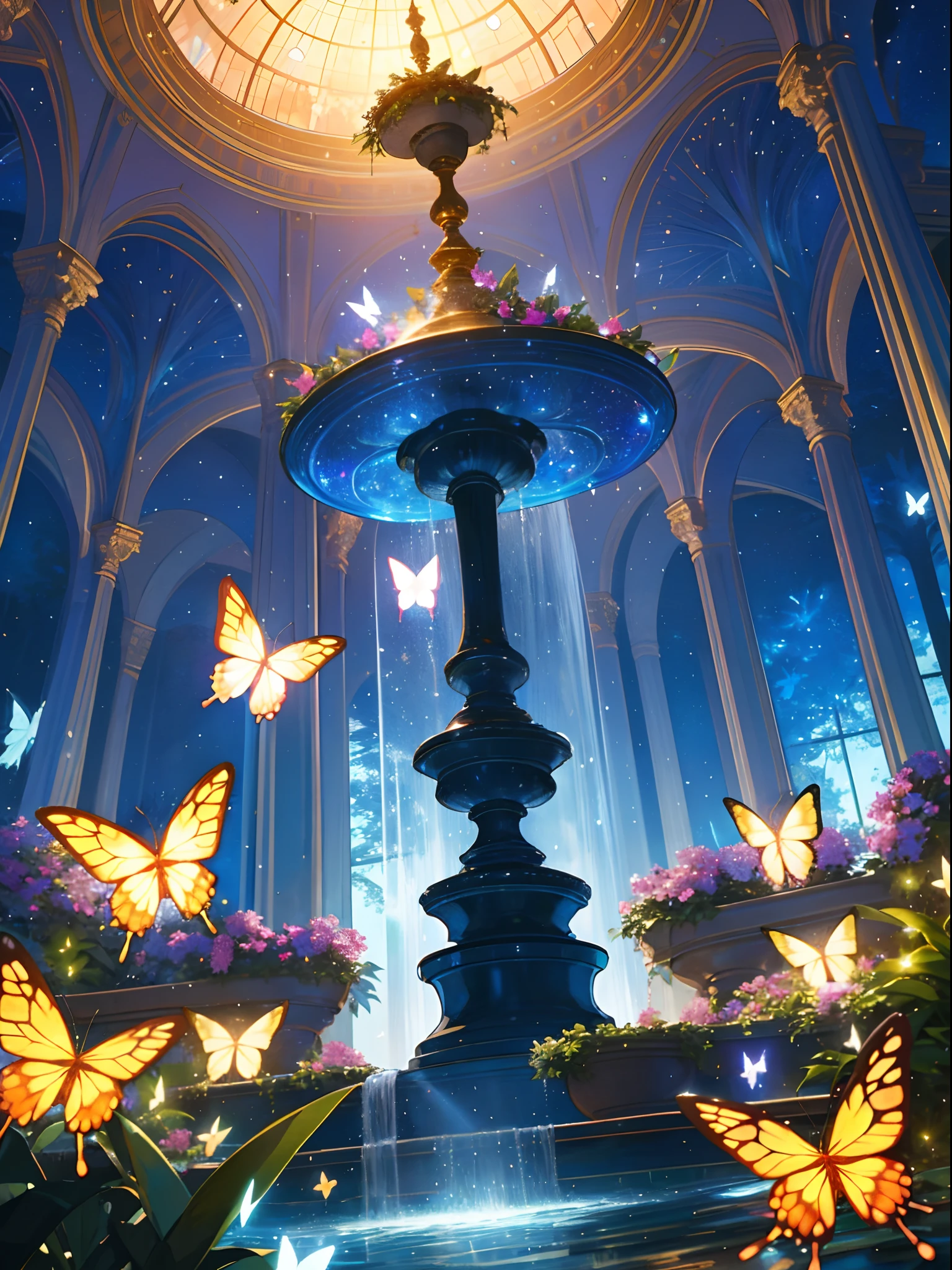 (top quality, masterpiece, ultra-realistic), night, starry skies, magical indoor botanical garden, dome, sparkling water fountain, lots of flowers, glowing butterflies, background landscape is a garden with petals and papas flying around. --v6