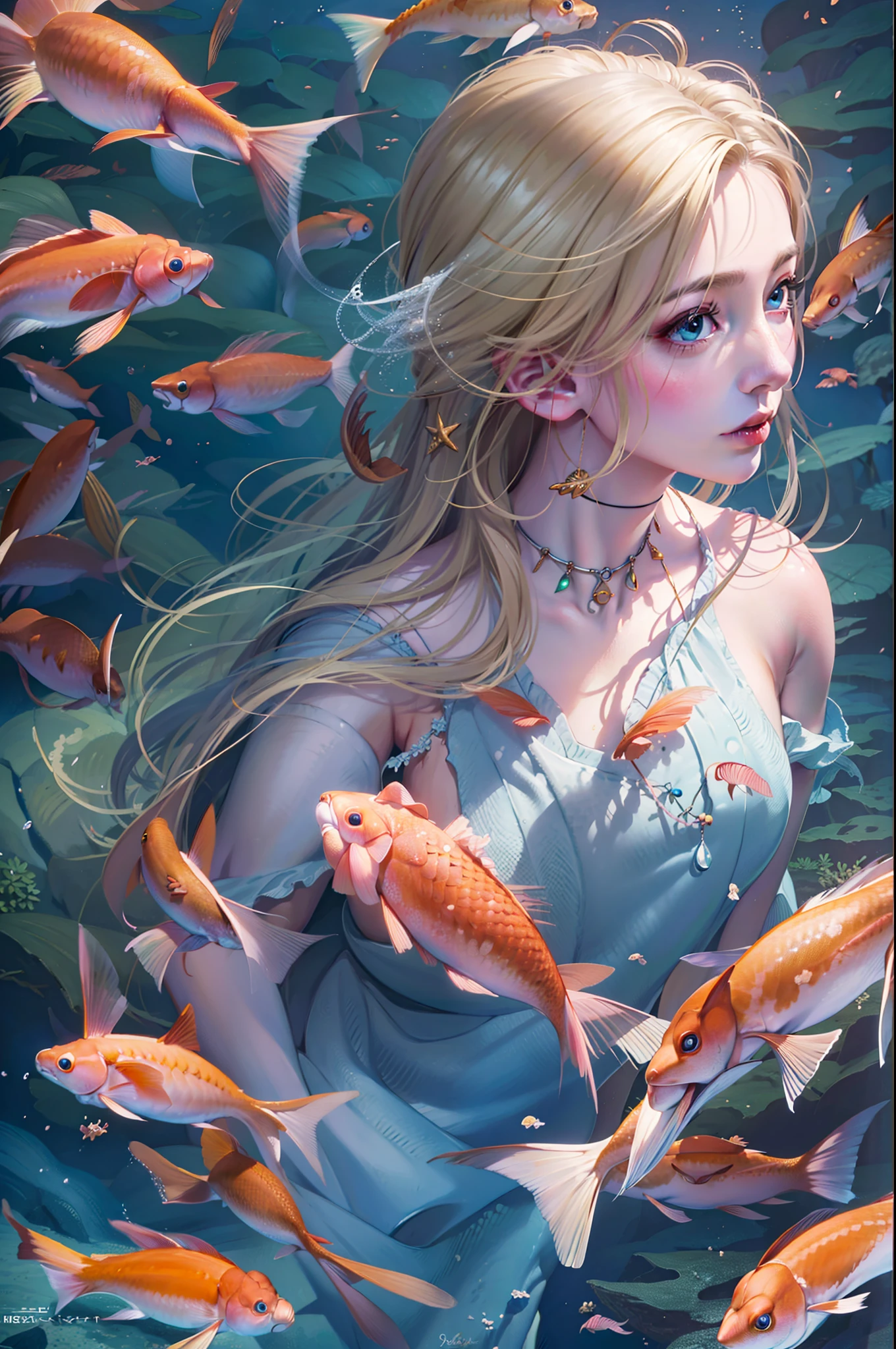 high details, best quality, 16k, RAW, [best detailed], masterpiece, best quality, (extremely detailed), full body, ultra wide shot, photorealistic, fantasy art, RPG art, D&D art, a picture of a mermaid swimming with koi fish under the sea, exqisite beautiful mermaid, ultra feminine (best details, Masterpiece, best quality), ultra detailed face (best details, Masterpiece, best quality), blond hair, pixie cut, blue eyes, white scales, undersea life, a [[flock of koi fish]] swimming (best details, Masterpiece, best quality) undersea background depths-fc, dim sun light from above High Detail, Ultra High Quality, High Resolution, 16K Resolution, Ultra HD Pictures, 3D rendering Ultra Realistic, Clear Details, Realistic Detail, Ultra High Definition