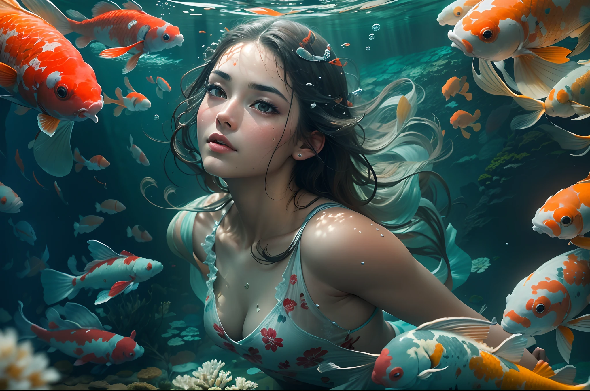 RAW photo, best,masterpiece, best quality, high quality, extremely detailed,((a beautiful woman dives next to some koi fish)), in an underwater world full of corals, sensation of life and movement of the image, the scene seems taken from a movie, hyper-realistic, maximum detail, cinematographic light