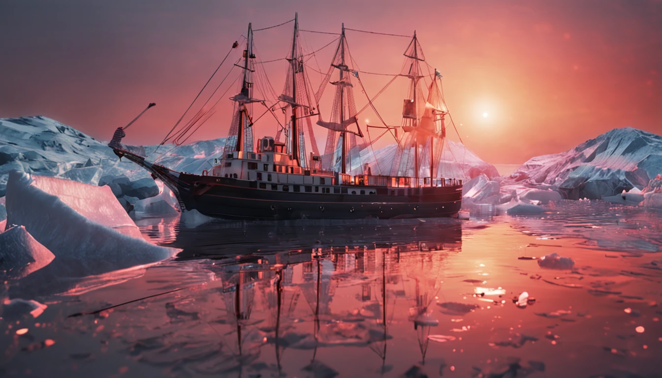 A ship，Break the ice on the ice，In the direction of the sun