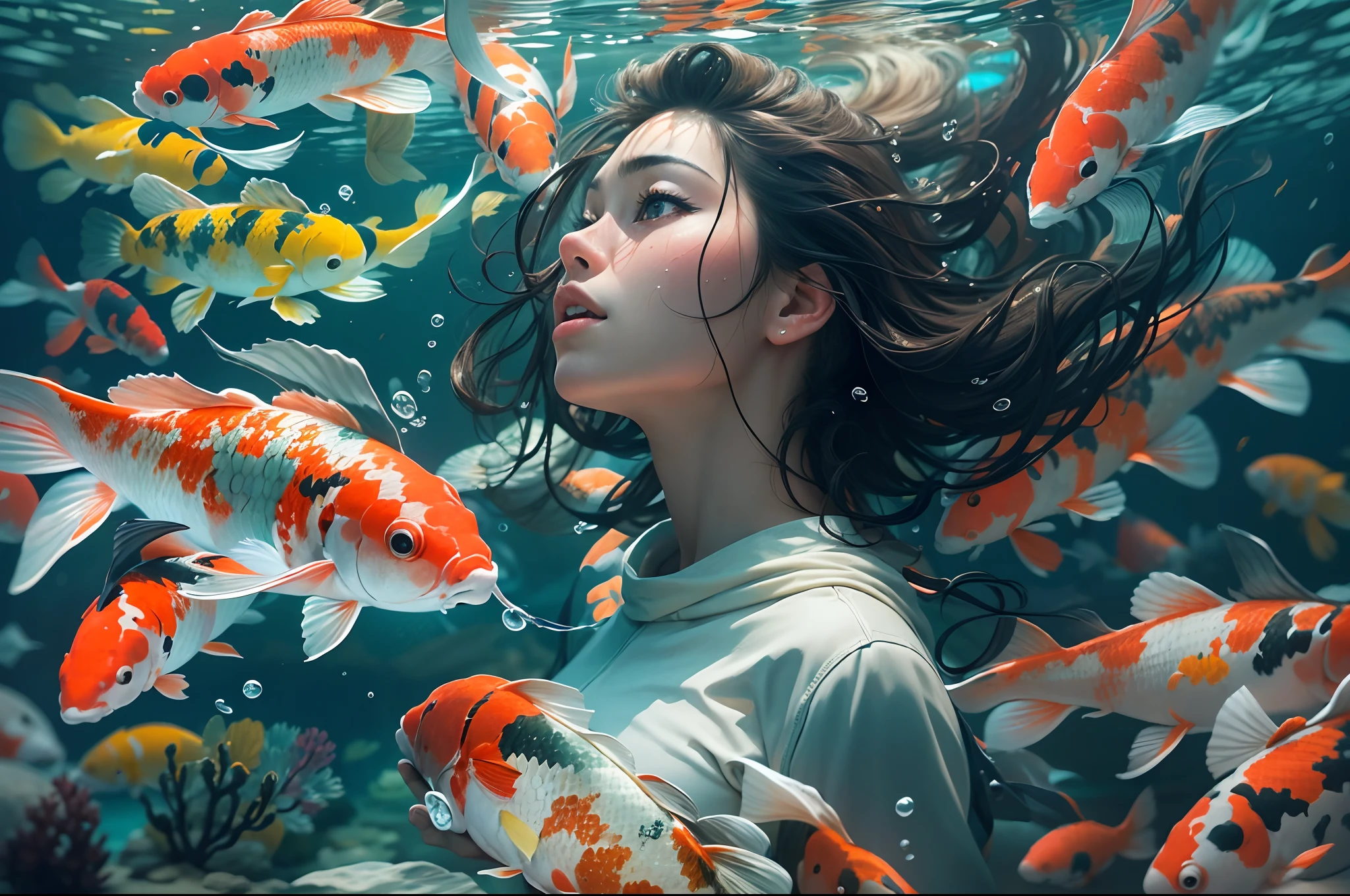 RAW photo, best,masterpiece, best quality, high quality, extremely detailed,((a beautiful woman dives next to some koi fish)), in an underwater world full of corals, sensation of life and movement of the image, the scene seems taken from a movie, hyper-realistic, maximum detail, cinematographic light