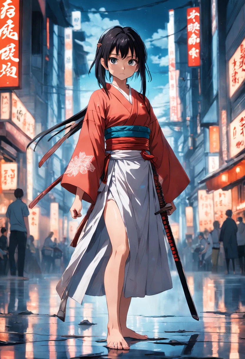 teen girl samurai, full body，Barefoot，Front view, holding katana, Focus on appearance，Reflect everything, (tmasterpiece) (8K high resolution) (best qualityer) (hyperdefined) (Ultra photo realsisim)(photo RAW) (photograph of-realistic) (Bright lighting)