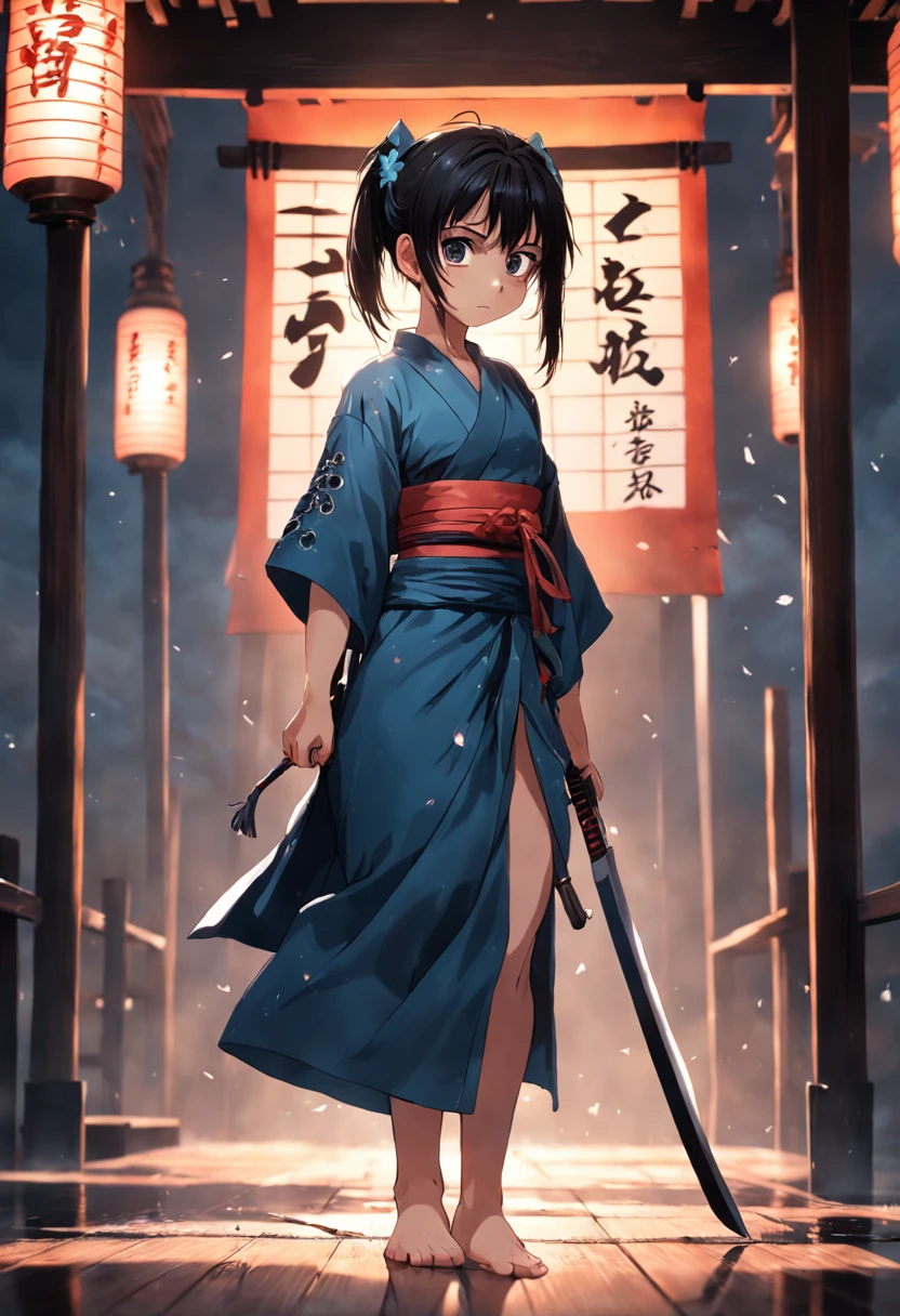 teen girl samurai, full body,Barefoot,Front view, holding katana, Focus on appearance,Reflect everything, (tmasterpiece) (8K high resolution) (best qualityer) (hyperdefined) (Ultra photo realsisim)(photo RAW) (photograph of-realistic) (Bright lighting)