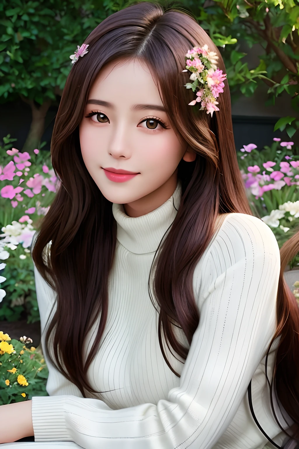 masterpiece,DSLR photo,analog style,nikon d5,real photo,a photo of a beautiful 20 year old woman,dramatic lighting (85mm),with Blooming garden in the background,(detailed facial features),(detailed shiny eyes),dynamic angle,Michelangelo style,long hair,turtleneck sweater,smiling face:1.4,