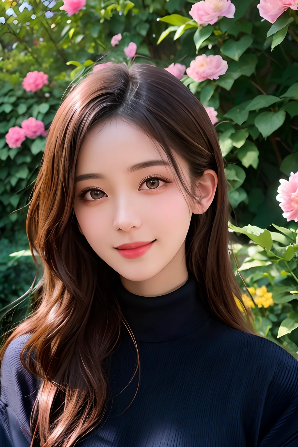 masterpiece,DSLR photo,analog style,nikon d5,real photo,a photo of a beautiful 20 year old woman,dramatic lighting (85mm),with Blooming garden in the background,(detailed facial features),(detailed shiny eyes),dynamic angle,Michelangelo style,long hair,turtleneck sweater,smiling face:1.4,