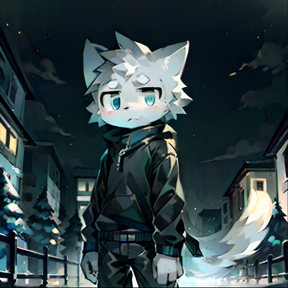 Gray cat  boy，A serious look，Outdoor nights，looking at the stars，Blackn clothes，blue colored eyes，Gray-black pants，