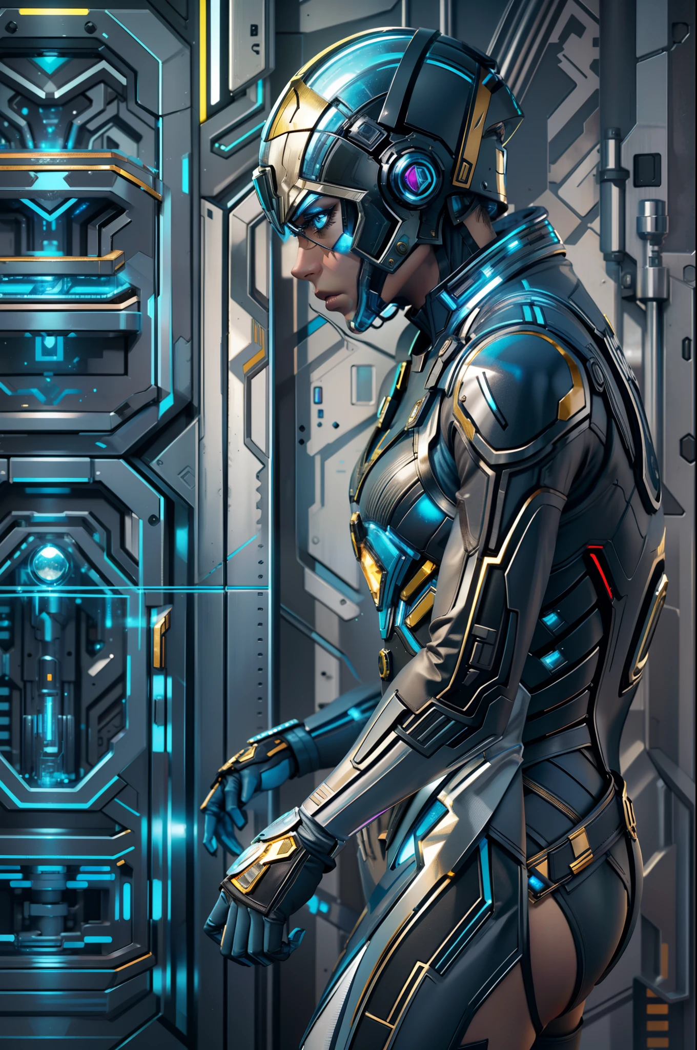 "Superhuman blueprint, futuristic, high-tech, sleek design, intricate details, advanced technology, enhancements, dynamic pose, intense lighting, metallic textures."