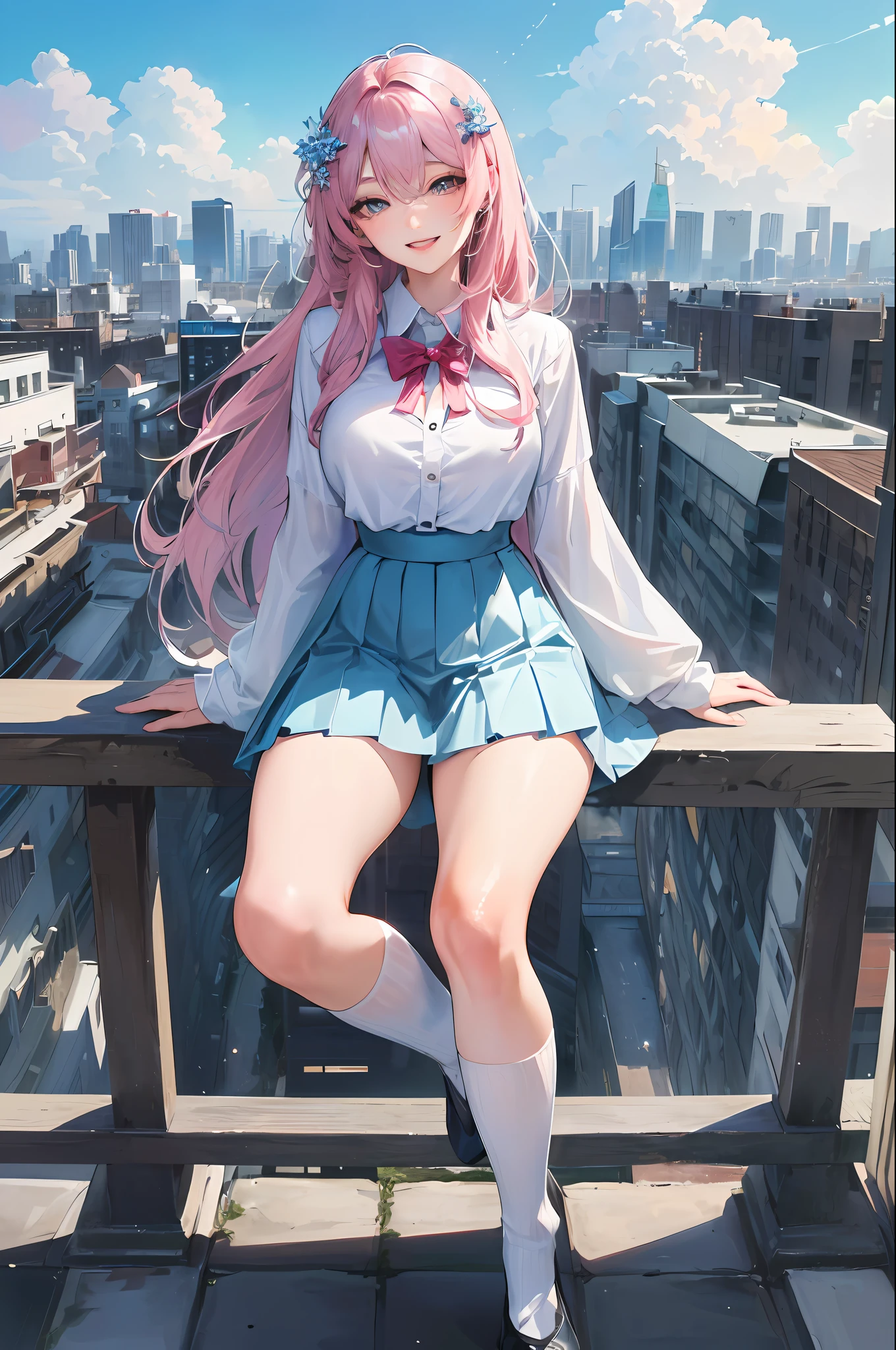 official art, masterpiece, sharp focus, (beautiful gorgeous cute Korean woman:1.3), (beautiful cute korean:1.3), korean beauty, Delicate and beautiful hair and eyes and face, realistic, ultra detailed, beautiful girl, blue sky, glow white particle, (sidelighting:1.2), sun light, white cloud, detailed clouds, slender, Lovely very large breasts and very large hips, smile with teeth, ((smile with eyes, open both eyes)), scenery, long straight hair, sexy facial expression, building, (cityscape:1.7), dynamic hair, long straight hair, detailed platinum pink hair, glow blue eyes, (blue pleated shirts + white skirt), white long socks, pale skin, hair ornament, epic scenery,