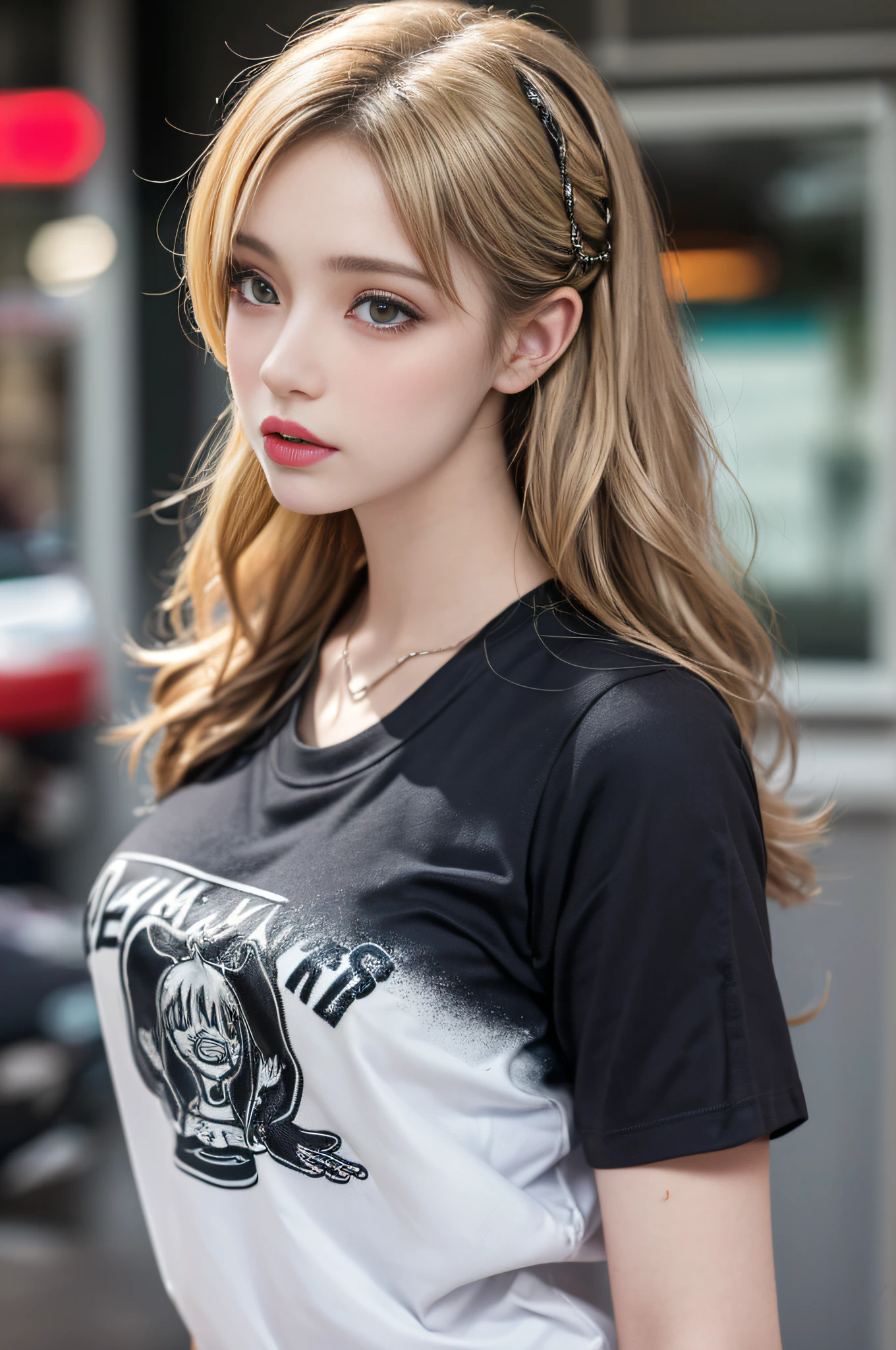 (1girl),large breasts,  breasts, tan, dewy skin, sweaty skin, wavy blonde hair, punk tshirt, punk girl