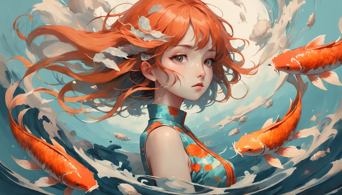 Girl,the sky full of koi,girl wearing a koi cheongsam,Cubism,Surrealism,(abstracted:1.2)(girl) made up of (koi:1.2),turning into a (Alphonse Mucha+Peter Mohrbacher+zdzislaw beksinski) style koi,air water,