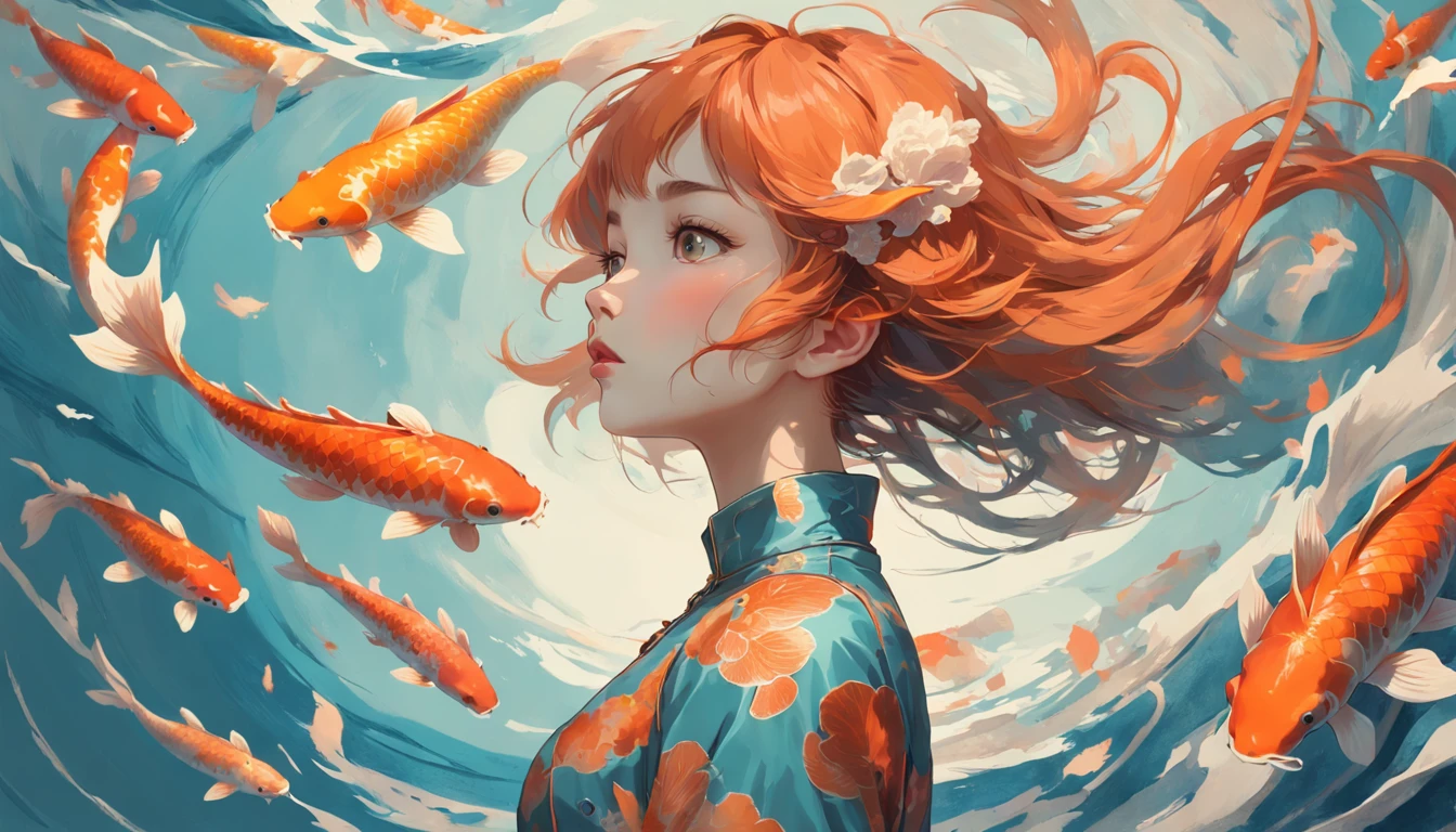 Girl,the sky full of koi,girl wearing a koi cheongsam,Cubism,Surrealism,(abstracted:1.2)(girl) made up of (koi:1.2),turning into a (Alphonse Mucha+Peter Mohrbacher+zdzislaw beksinski) style koi,air water,