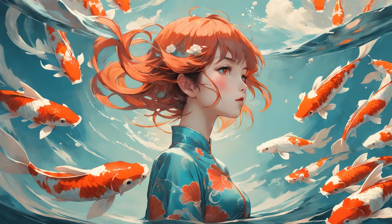 Girl,the sky full of koi,girl wearing a koi cheongsam,Cubism,Surrealism,(abstracted:1.2)(girl) made up of (koi:1.2),turning into a (Alphonse Mucha+Peter Mohrbacher+zdzislaw beksinski) style koi,air water,