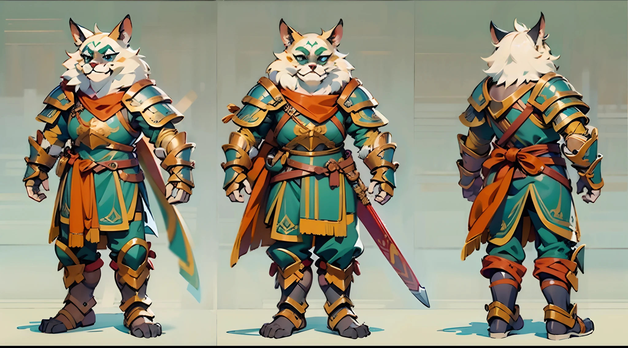 Game character standing drawing design,Disney animation,style of disney animation,Orc female,Cat-eared lady,Leather armor,Fur shoulders,Slim figure,The barefoot,Holding a red dagger,Different layers overlay,Different angles,(Back all over the body:1.4),solid color backdrop,clean backdrop,depth of fields,high light,Real light,Ray traching,OC renderer,UE5 renderer,Hyper-realistic,best qualtiy,8K,Works of masters,super-fine,Detailed pubic hair,Correct anatomy,