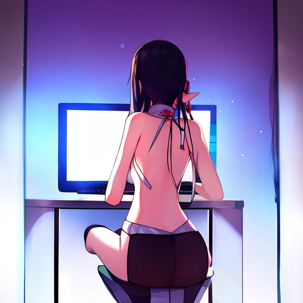 1girll,playgame,From behind,Large monitor,computer keyboard,backless