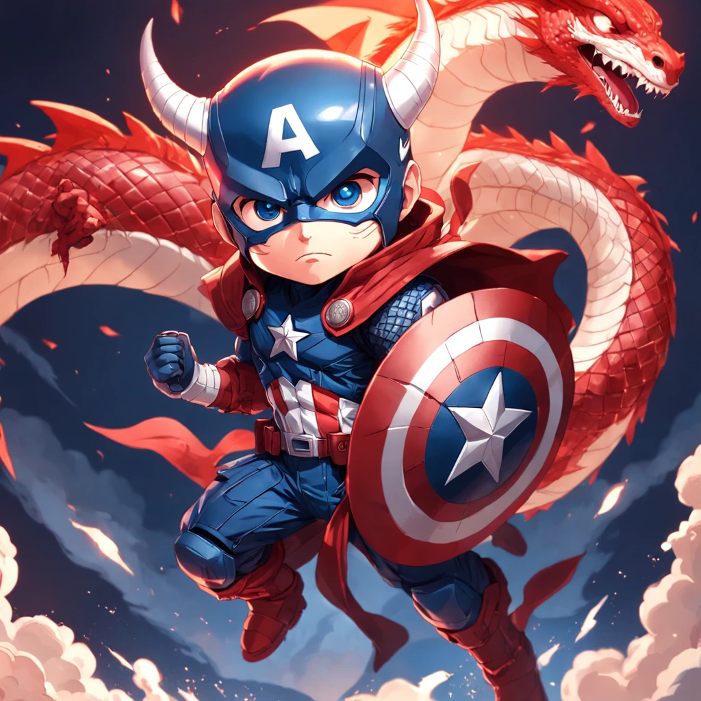 Isometric view of Captain America , Cute surreal carrying dragon warrior flag. Wear a Chinese rice hat. Red skin. Cinematic, ultra - detailed, Red and white thunder background , Highly detailed, zoomout,
