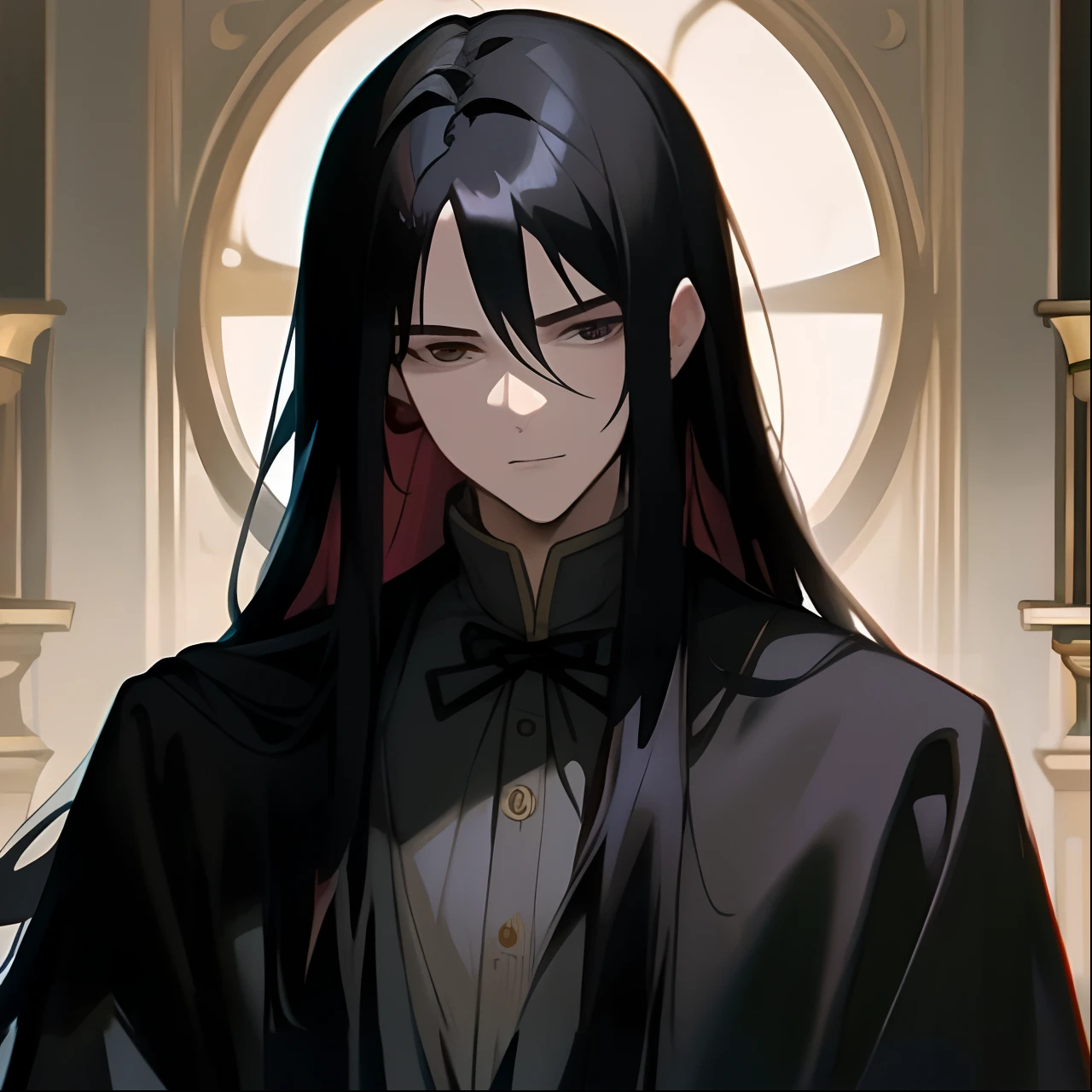 with his long black hair, with long dark hair, male people,Adonis,face expressionless,Dark broad-sleeved python robe,Positive perspective,The eyes are cold,Sword-eyed stars,Inky black eyes