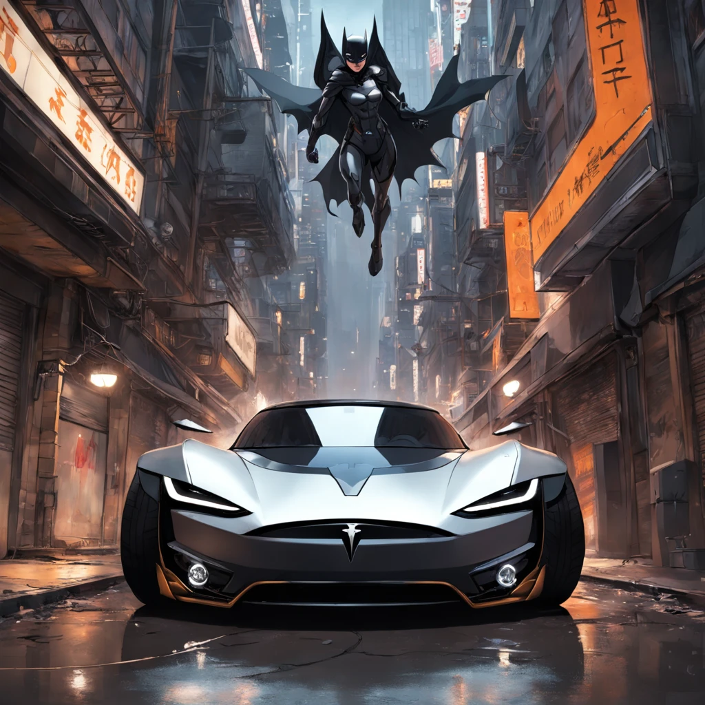Wide-angle Banksy-inspired street art portrait, (Gotham City Garage) (Tesla Batmobile) tesla {{{batmobile}}}, A marvel of engineering and design, Marry fashion, The futuristic aesthetic of Tesla's design spirit with the menacing and formidable characters of Batman's ride. Deep deck, Obsidian black luster,It seems to be drinking the light around him, Cars exude silent power, It was as if the air around it was full of primordial potential. Its silhouette and lines are aggressive and elegant, Predators ready to pounce, In stark contrast to the filthy people, Urban expansion of Gotham City garages.