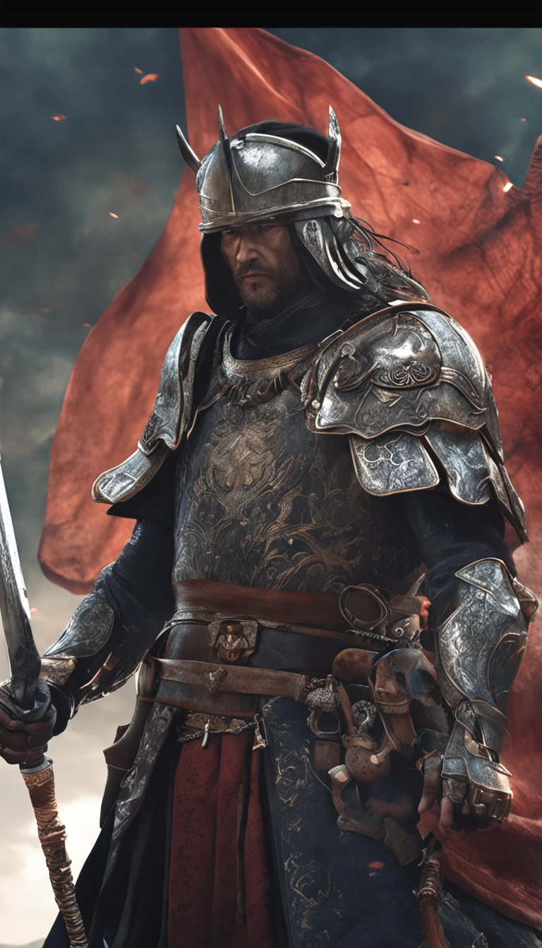 in a panoramic view，magic realism， anime big breast，Masterpiece, hyper HD, Super detail, High details, Best quality, A high resolution, A high resolution, Award-Awarded, Award-Awarded, Anatomically correct, 8K，），（Portrait of a noble knight：1.5，Dignified），（A man on horseback：1.5，Sword in hand, poster art inspired by Kanō Hōgai, trending on pixabay, Renaissance, Solomon Kane, As Solomon Kane, the third horseman, samurai movie poster, Wuxia, horse warrior, Tim BradStreet, vampire hunter d, Horseman of Apocalypse, genghis khan, arabian samurai）