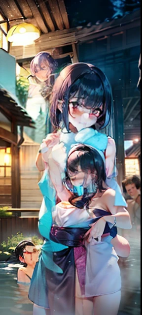 Masterpiece, top quality, (boys grab girls' breasts: 1.5), 1 girl, couple of men and women. (((Boys: 1.3), Black Haired Muscular, Handsome, Purple Eyes, Men Rubbing Their Breasts from Behind, Plotted Face)), ((Girls, Short Hair, Chest, Bangs, Red Eyes, Lilac Hair,Small Breasts, Cleavage, Bare Shoulders, (Blush: 1.5), Excited, Girls Look Away)), Onsen,Naked Towel, (White Towel:1.5)