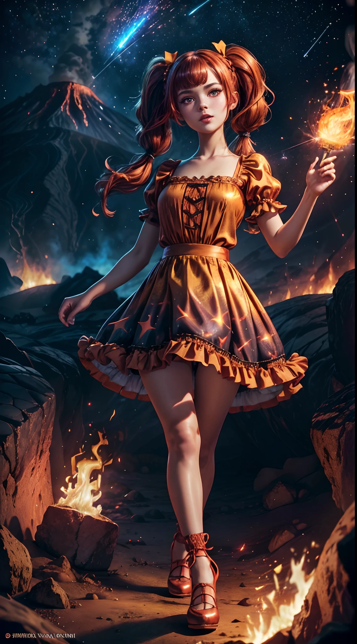 (fullbody, legs and shoes visible: 1.2)) expressive eyes, woman, pale skin, long hair, windblown hair, ((long hair)), long sidelocks, hime bangs, hair fringe, hair bun, ((long twintails)), flaming hair, red hair, blushing, full face blushing, big sparkling glowing red eyes, (gradient eyes), open mouth smile, cute pose,
flowy flaming dress, ((dark multicolored open dress)), (floating fire), orange ruffles, yellow frills, (light red lace), detached short sleeves, puffy skirt, ((fire and stars print skirt : 1.3)), lolita skirt, dark red bows, ((pompon ribbons hair ornament : 1.4)), multiple bows, striped lace stockings, (heart shaped leg garter), cute (dark orange) shoes ((hyperdetailed clothing and fashion)) looking at you, vintage girl, blushing, (beautiful detailed eyes), (extremely detailed CG unity 8k wallpaper) (best shadow), ((an extremely delicate and beautiful)), (detailed light), ((depth of field)) big head, big sparkling eyes, moe, splash art, cinematic lighting, frontal view, volumetric lighting maximalist photo illustration 64k resolution high res intricately detailed complex key visual precise linear
((in the dark lava volcano background, surrounded by smoking hot lava, shooting stars, volcano)) ((hyperdetailed scenery, foggy, darkness : 1.3))