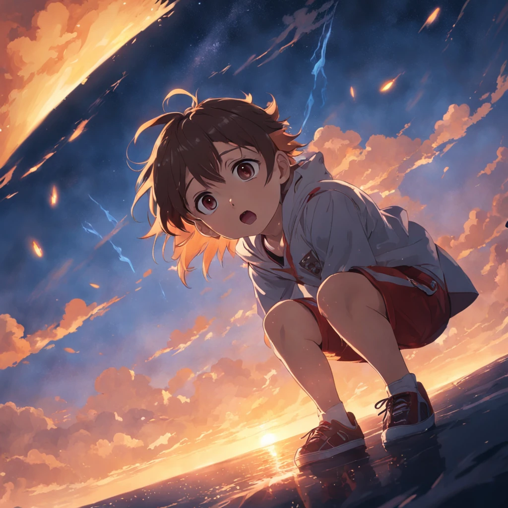 tmasterpiece,best qualtiy,cinematic Film still from,(A slightly chubby boy:1),Floating in the sky,closeup cleavage,brightly,cheerfulness,Warm and soft lighting,the sunset,(spark of light:0.7)