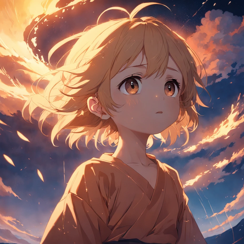 tmasterpiece，best qualtiy，cinematic Film still from，（A slightly chubby boy：1），Floating in the sky，closeup cleavage，brightly，cheerfulness，Warm and soft lighting，the sunset，（spark of light：0.7）