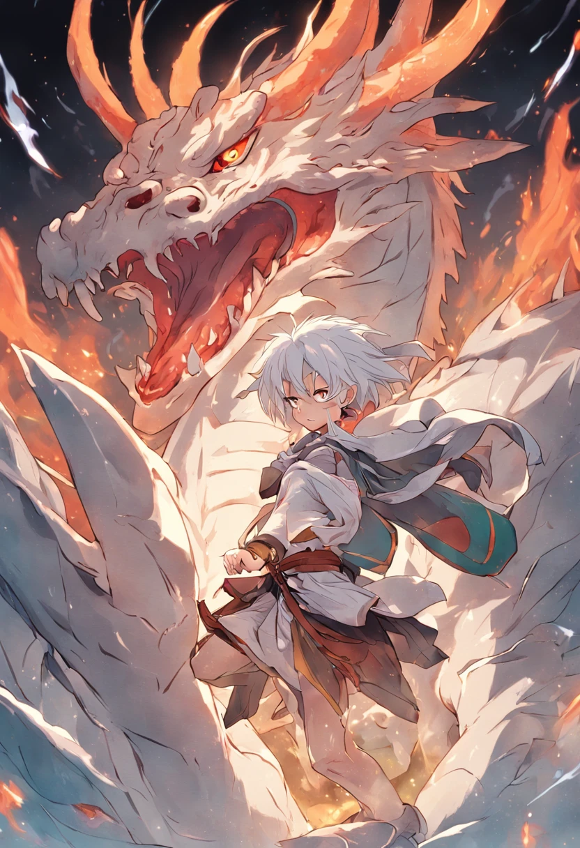 A bald and fierce monk rides a white dragon to fight monsters on the battlefield