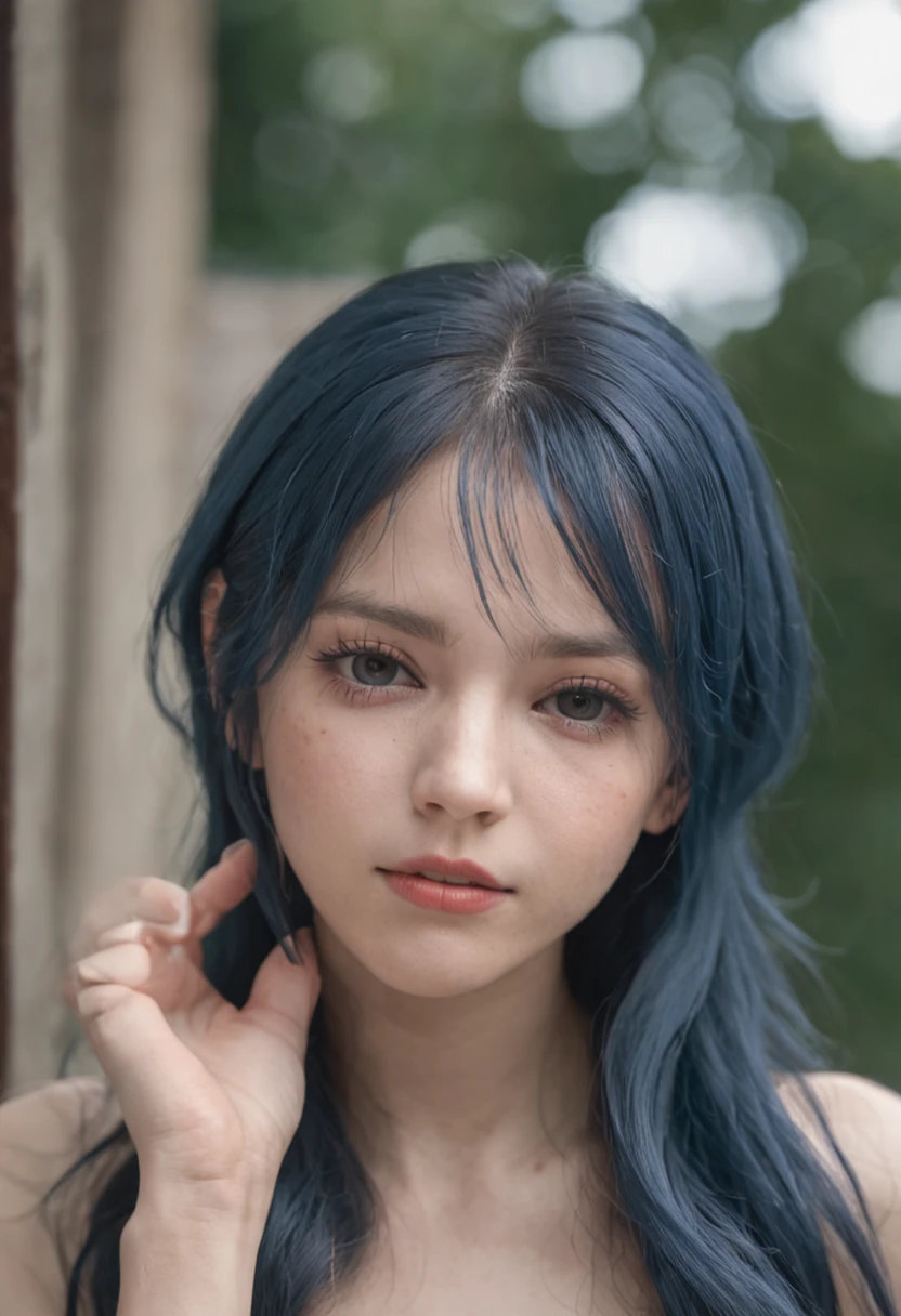 best qualityer， ultra - detailed， 1girll， 独奏， sitted， Blue hair， long whitr hair， Golden eyes， By bangs，Delicate blue prison uniform， tiese， staredown， Sobbing， （unholy：1.2）， （Meets：1.3）， （deep dark background， chain：1.3），handcuff，anklet，Prison doors，shackle，Refined face，manacles，Interrogation chair，In prison，After locking the iron door，camera，Dimly lit