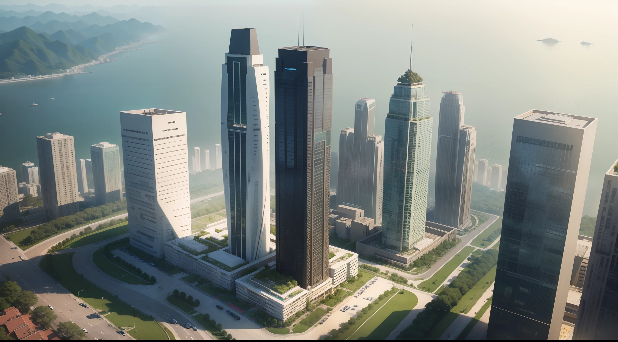 Low-carbon buildings,green architecture,High-rise buildings,Overlook from the air、scenecy、Green building complex、4K、shenzhen、Authentic texture、Size 16:9