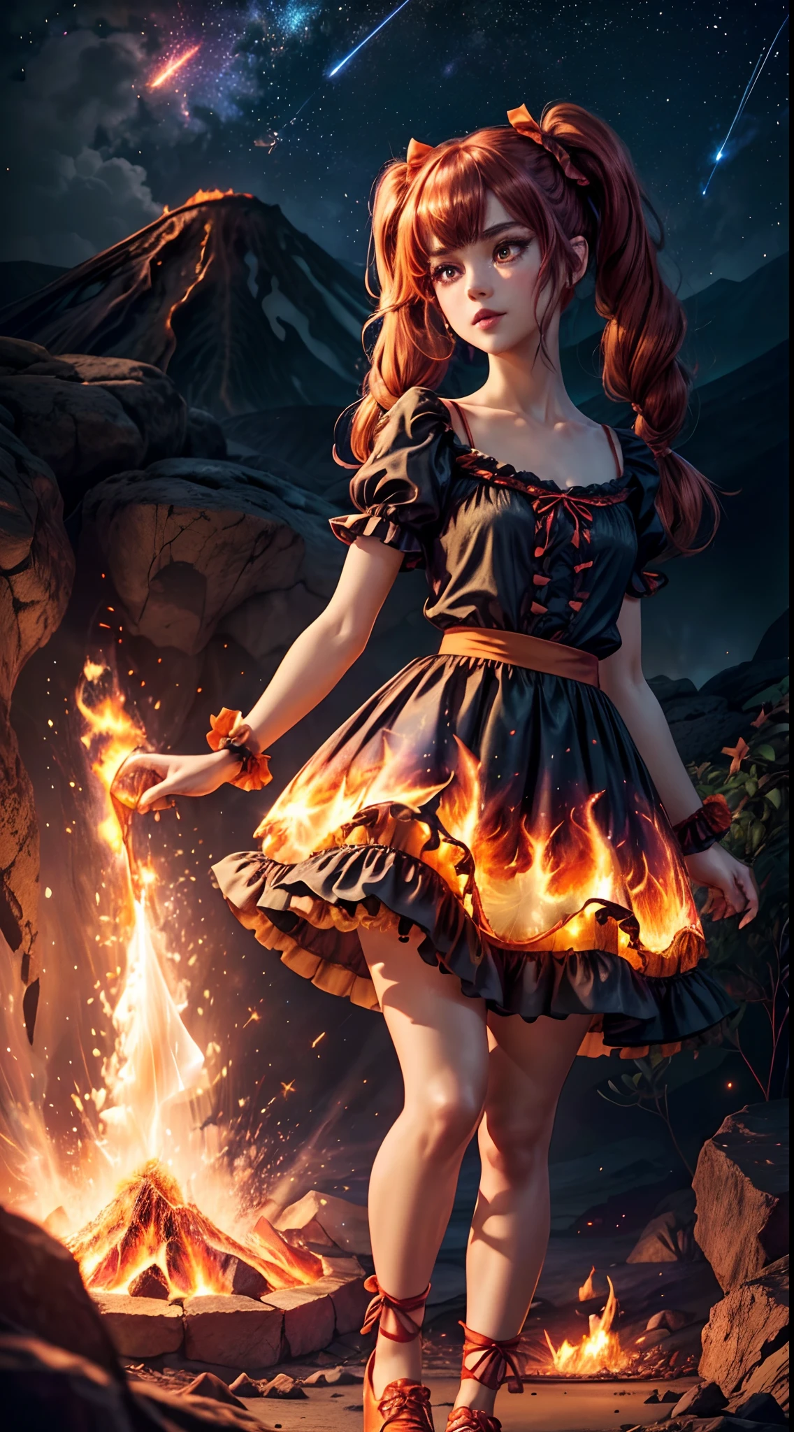(fullbody, legs and shoes visible: 1.2)) expressive eyes, woman, pale skin, long hair, windblown hair, ((long hair)), long sidelocks, hime bangs, hair fringe, hair bun, ((long twintails)), flaming hair, red hair, blushing, full face blushing, big sparkling glowing red eyes, (gradient eyes), open mouth smile, cute pose,
flowy flaming dress, ((dark multicolored open dress)), (floating fire), orange ruffles, yellow frills, (light red lace), detached short sleeves, puffy skirt, ((fire and stars print skirt : 1.3)), ta skirt, dark red bows, ((pompon ribbons hair ornament : 1.4)), multiple bows, striped lace stockings, (heart shaped leg garter), cute (dark orange) shoes ((hyperdetailed clothing and fashion)) looking at you, vintage girl, blushing, (beautiful detailed eyes), (extremely detailed CG unity 8k wallpaper) (best shadow), ((an extremely delicate and beautiful)), (detailed light), ((depth of field)) big head, big sparkling eyes, moe, splash art, cinematic lighting, frontal view, volumetric lighting maximalist photo illustration 64k resolution high res intricately detailed complex key visual precise linear
((in the dark lava volcano background, surrounded by smoking hot lava, shooting stars, volcano)) ((hyperdetailed scenery, foggy, darkness : 1.3))