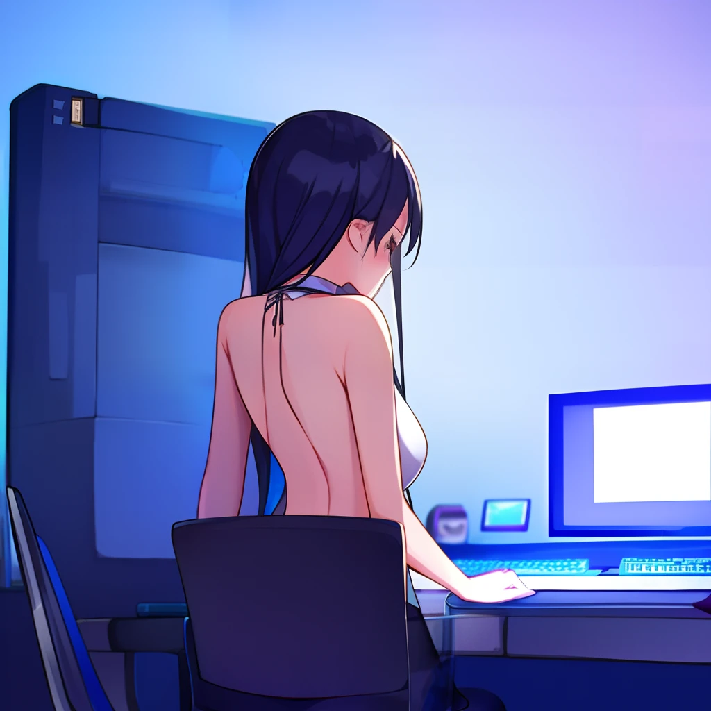 1girll,playgame,From behind,Large monitor,computer keyboard,backless