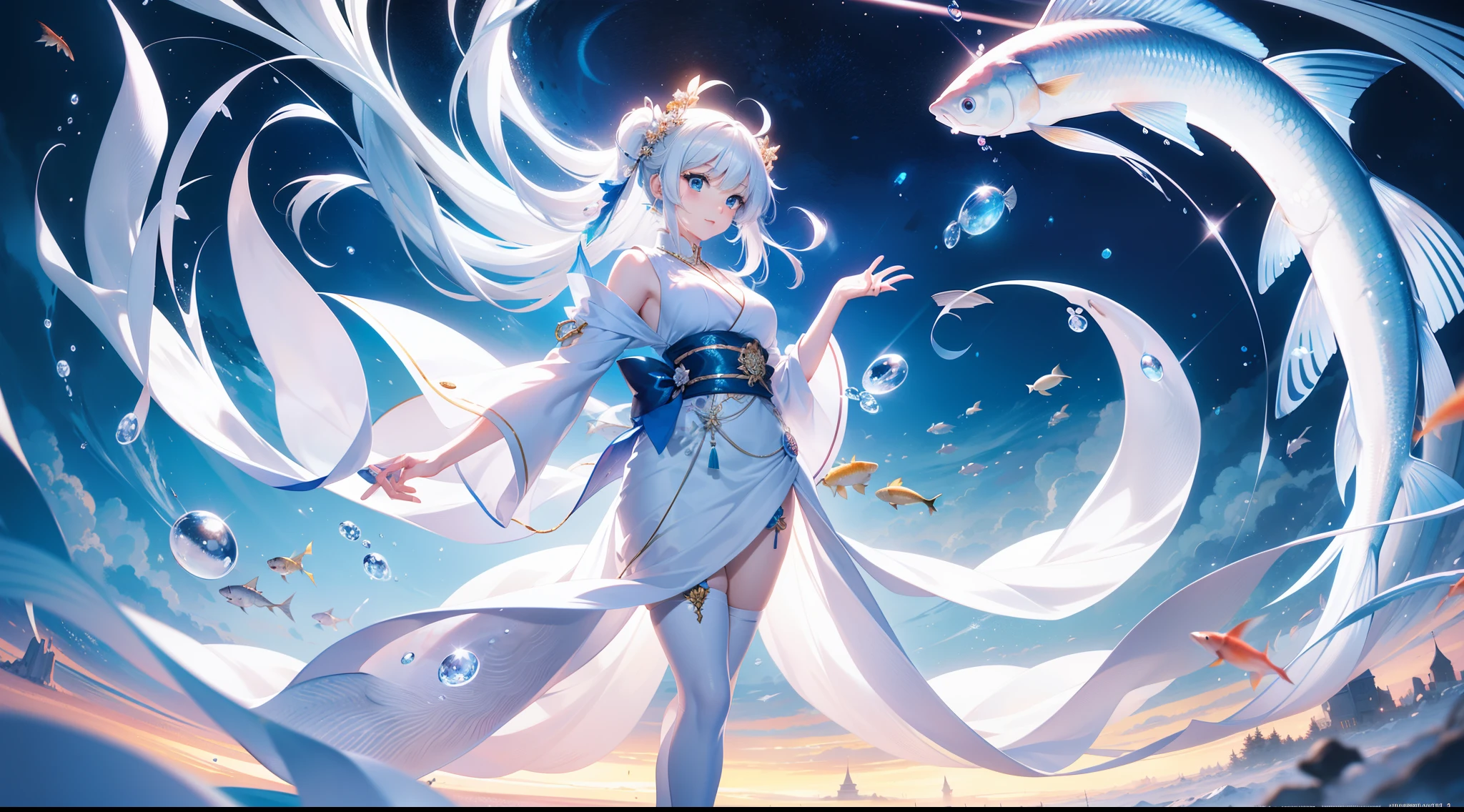 animemanga girl，There are (((fish))) in the hair，white dresses, A beautiful artwork illustration, Anime art wallpaper 4 K, Anime art wallpaper 4k, Anime art wallpaper 8 K, Anime fantasy illustration, Exquisite digital illustration, Beautiful digital artwork, Beautiful anime artwork, Anime fantasy artwork, Japanese art style, Detailed digital anime art, Fantasy art style, stunning digital illustration