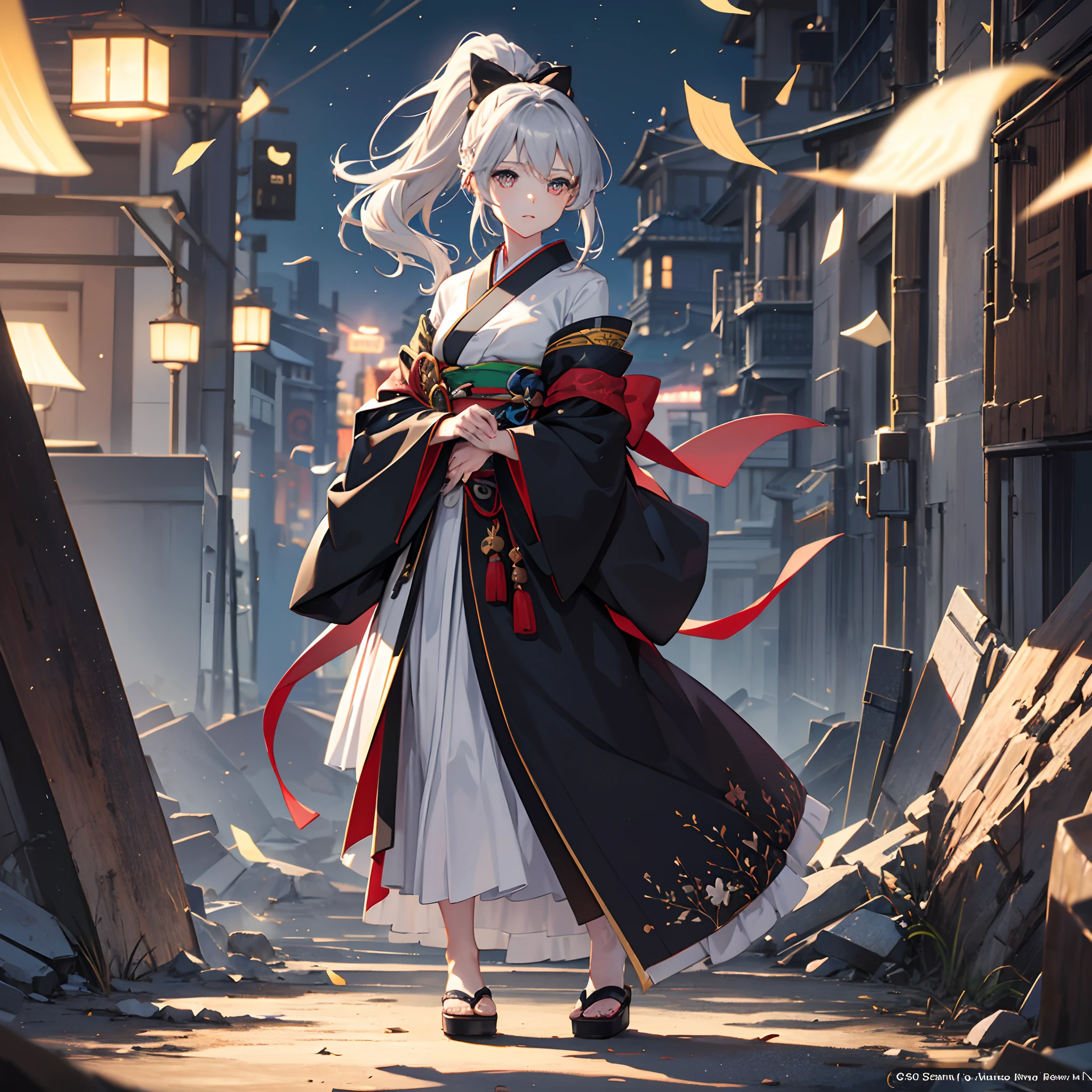 watching at viewers、odd eye、Wearing a gorgeous black kimono、Infinitely low exposure、8kAnime Artwork、Fantastic worldview、Background Ancient capital、Moonlit Night Background、full body Esbian、Colored inner hair, Grey Hair, Ponytail, Shiny hair, shairband, Mismatched pupils, Hyper-Realism, Verism, Realism, depth of fields, Cinematic lighting, spark of light, Ray tracing, Wide Shot, F/16, nffsw, high details, High quality, Textured skin, 8K, Best Quality, hight resolution