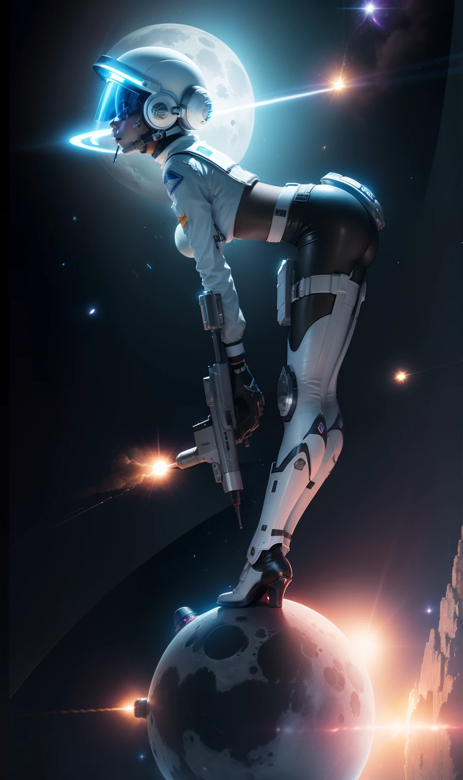 space scene girl laser gun standing on her tip toes in heals, head and eyes turn to camera, helmet on clear visor, smoking a lit cigarette in her mouth, dystopian moon planet, cg art painting 24k resolution, hyperdetailed