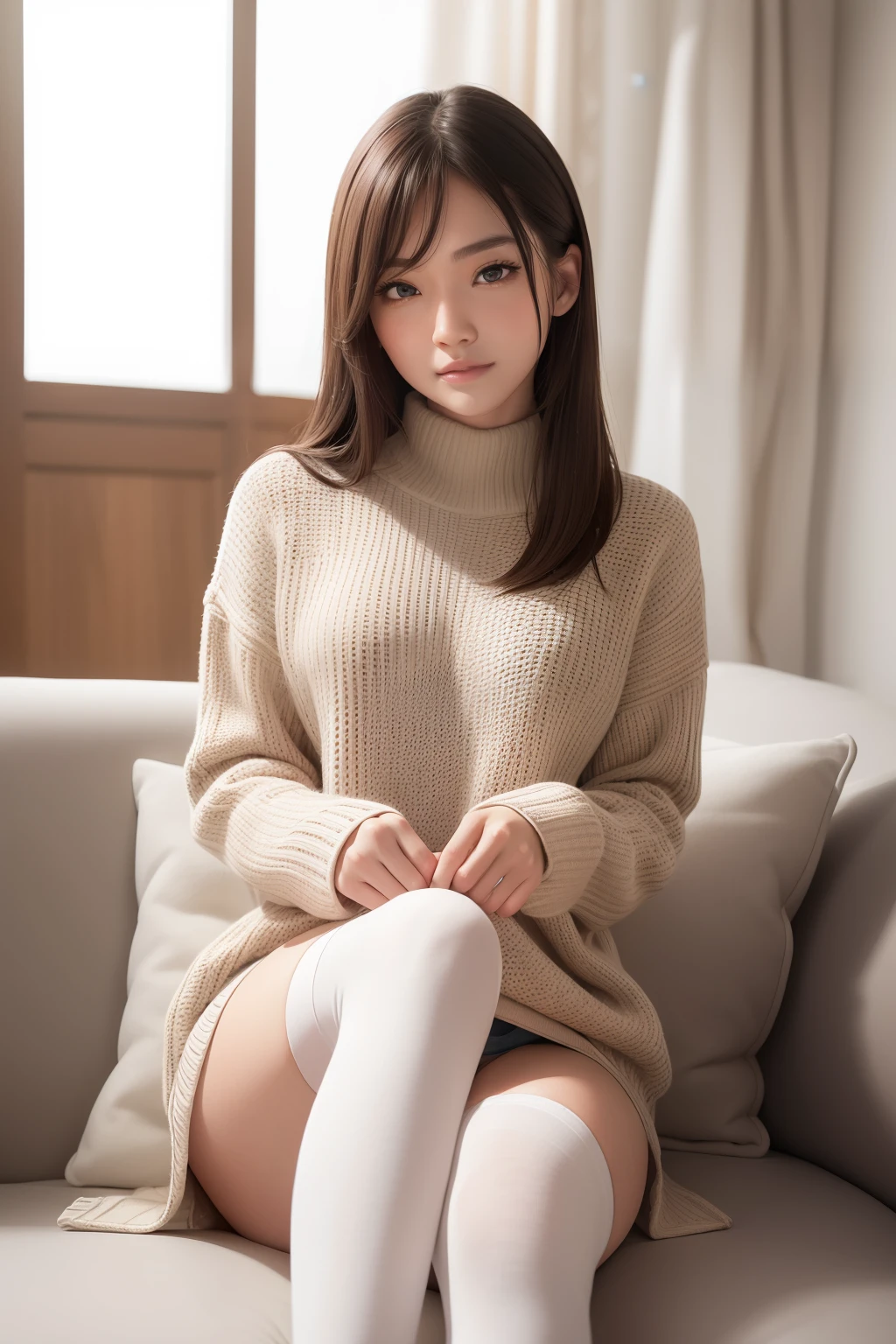 (8k), (best quality), (masterpiece:1.2), (realistic), (photorealistic:1.0), ultra-detailed, 1girls, cute, smile, beautiful detailed eyes, beautiful detailed nose, full body, wearing sweater, white over-knee socks, socks texture must be natural, sit in a sofa, from below, realistic skin texture, attractive face, Half Korean and half Filipino, short hair,