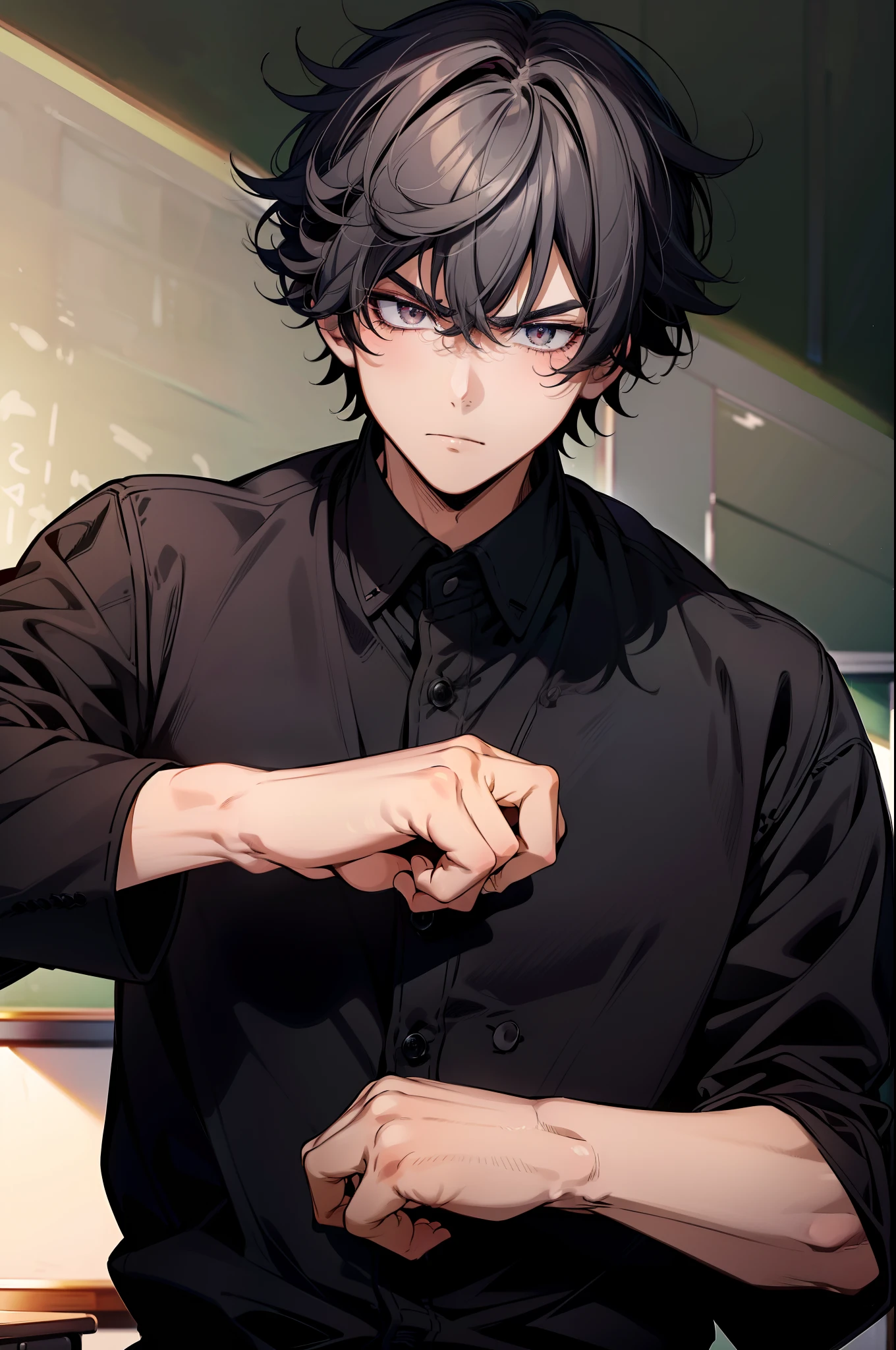 solo, ((anime boy with dark grey hair)), ((bangs)), (((in traditional black buttoned school uniform))), ((serious expression)), ((fist in hand)), ((classroom in background)), ((high quality)), (extremely detailed)