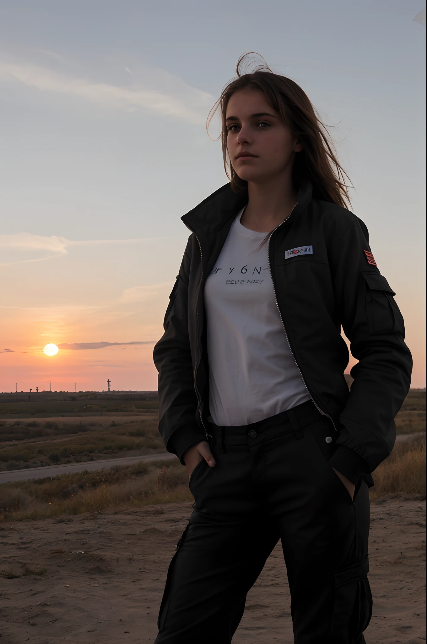 une jeune fille de 18 ans brune, without tanned skin, pantalon cargo noir, at a rocket launch site, coucher de soleil