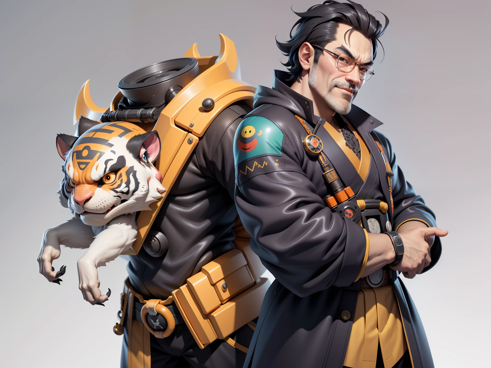 (Daisaku),(Need),(Super meticulous),(full bodyesbian:1.2),Super young man with Japanese geisha,Beautiful,orient,one tiger,Aeolian Thor,Raised sexy,爆乳,Oriental face,TV Anchor,Bust portrait illustration,In black suit,a blue tie,The face is slightly chubby,The face was clean,without a beard,Black super short hair,Black eyes,Smile confidently,3C computer sub-products,iPad, iphone,Digital painting,3D character design by Mark Clairen and Pixar and Hayao Miyazaki and Akira Toriyama,The illustration is a high-definition illustration in 4K resolution,With very detailed facial features and cartoon-style visuals。