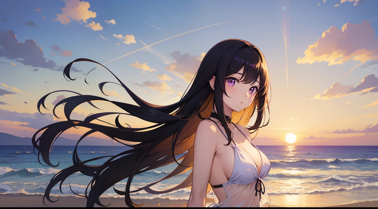 anime style photo of spring vasu, anime girl with long black hair and purple eyes, swimwear, in beach, sunset, golden hour, golden color grade, golden sunset