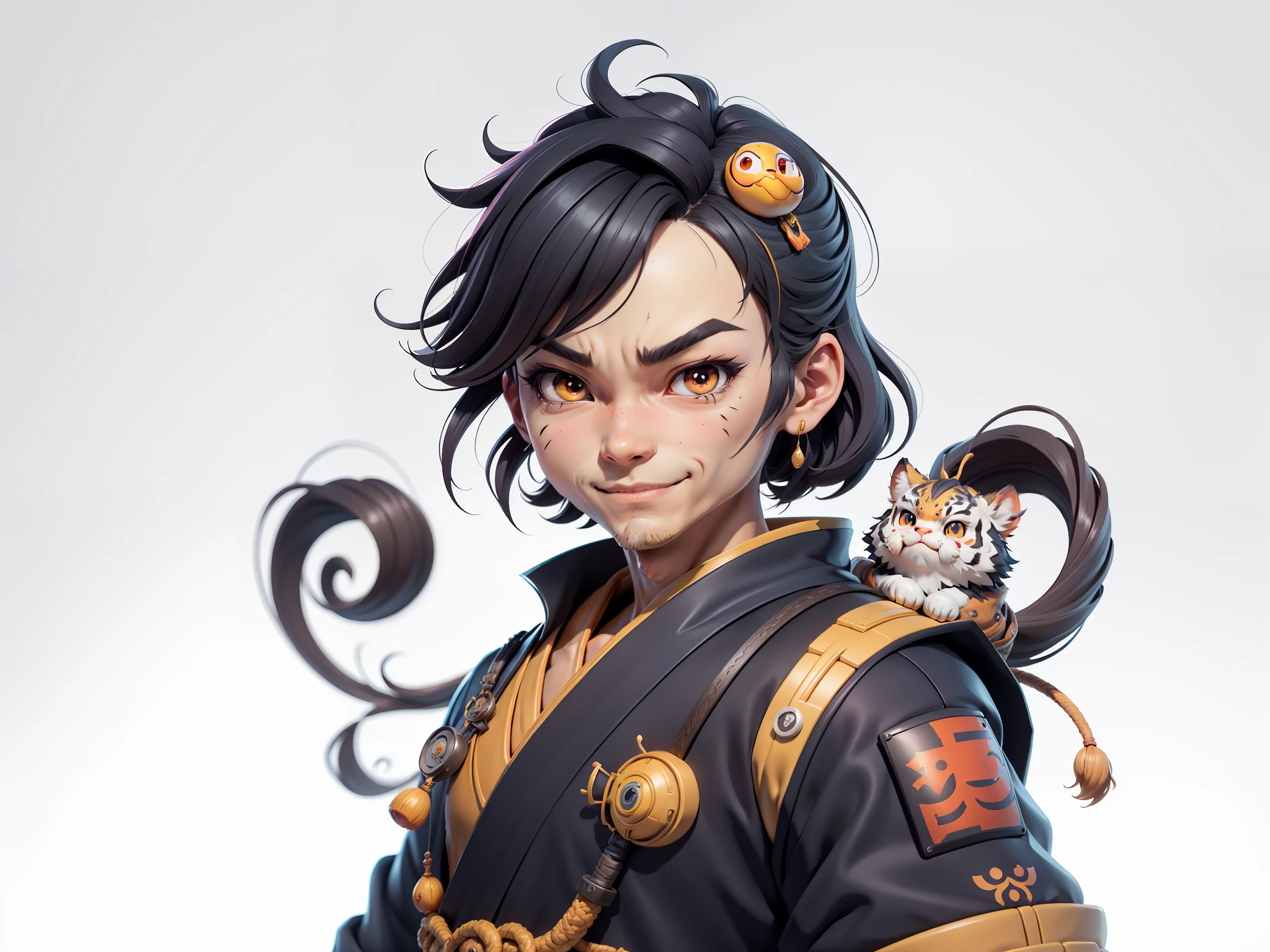 (Daisaku),(Need),(Super meticulous),(full bodyesbian:1.2),Super young man with Japanese geisha，Beautiful，orient，one tiger，Aeolian Thor，Raised sexy，爆乳，Oriental face，TV Anchor，Bust portrait illustration，In black suit，a blue tie，The face is slightly chubby，The face was clean，without a beard，Black super short hair，Black eyes，Smile confidently，3C computer sub-products，iPad， iphone，Digital painting，3D character design by Mark Clairen and Pixar and Hayao Miyazaki and Akira Toriyama，The illustration is a high-definition illustration in 4K resolution，With very detailed facial features and cartoon-style visuals。