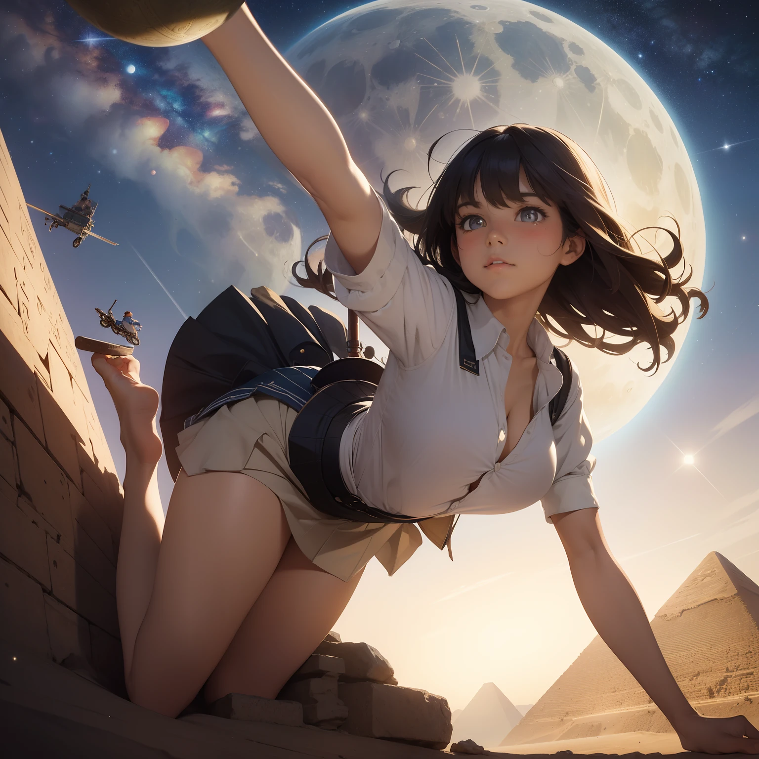 Jessie Willcox Smith, Sulamith Wülfing, animesque wondrous strange Whimsical Sci-Fi Fantasy Minis schoolgirl climbing the pyramids of Giza on a bicycle a beauty girl a moon Milky Way spacecraft Large breasts large ass, shirt unbuttoned sweating high resolution masterpiece hyper detailed
