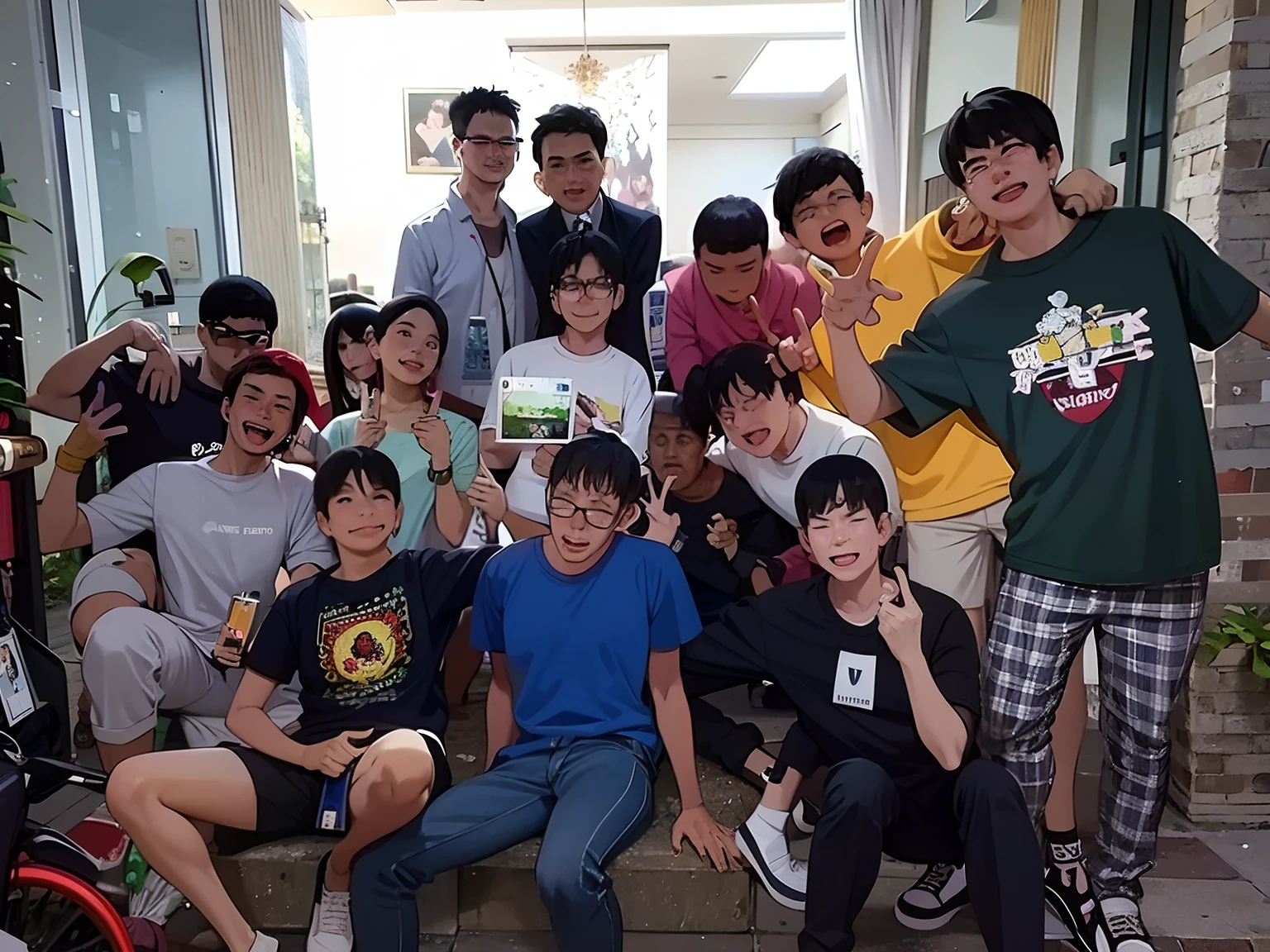 there are many people posing for a picture together in a room, all from the group nct, group photo, happy birthday, blurred photo, anime party of friend of wisdom, masterpiece!!!, masterpiece!!, profile pic, a picture, birthday party, taken in the early 2020s, masterpiece, by Kim Jeong-hui, at a birthday party, old picture
