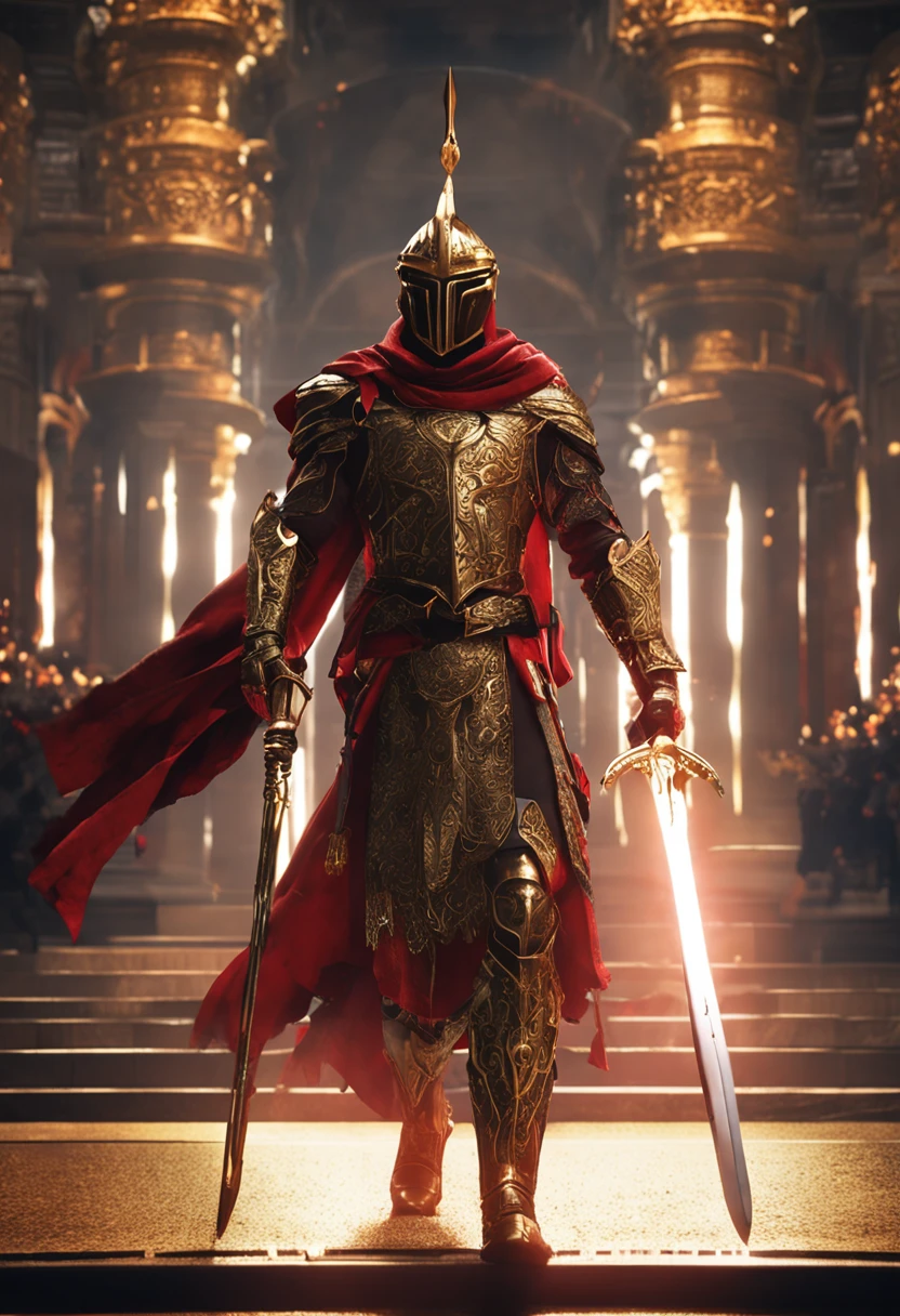 (Ultra-detailed CG unity 8k wallpaper, Masterpiece, Best quality, Depth of field, hdr, Intricate), Tall sinister dark killer,Wearing a metal mask,Bright blood-red eyes,Golden Praetorian Guard armor,Behind him is wearing a gorgeous golden cloak,In his left hand, he holds a sharp giant sword in one hand,Walk through the golden majestic palace, On both sides of the palace stood countless people wearing golden Janissary armor,(Intricate: 1.4) (Masterpiece: 1.4) (illustration: 1.4), Red studio lighting, Post-processing, 8K resolution, Dark background, Imposing, Well-composed photos, Impressive, Dark fantasy,Cinematic real