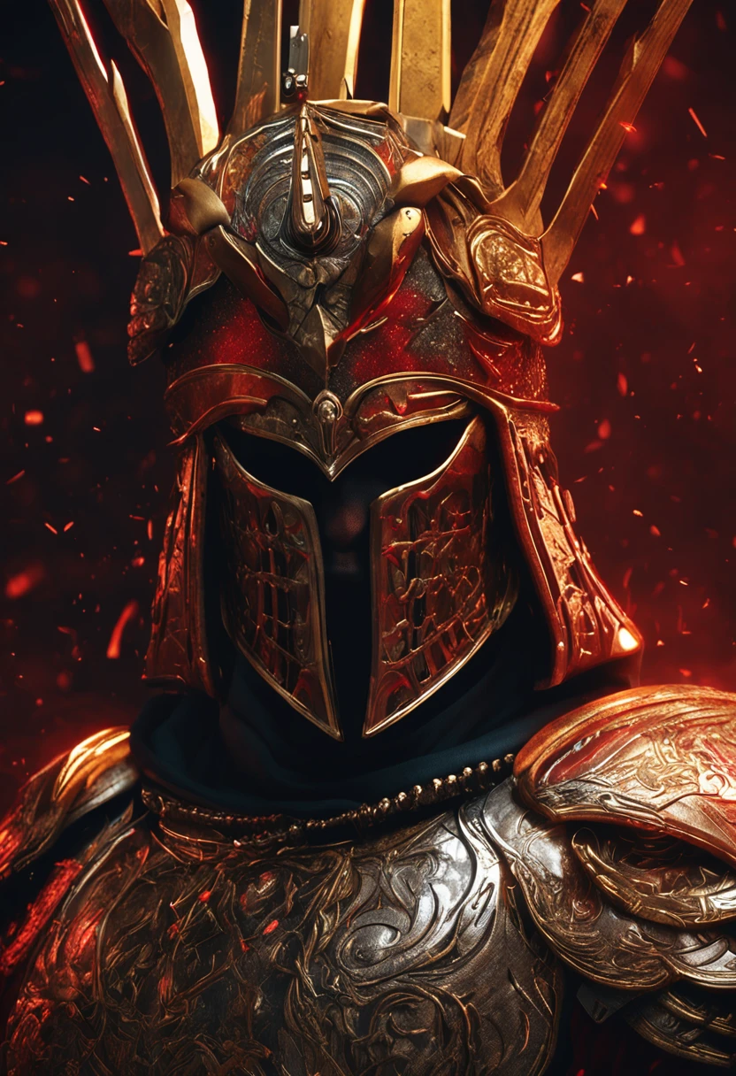 (Ultra-detailed CG unity 8k wallpaper, Masterpiece, Best quality, Depth of field, hdr, Intricate), Tall sinister dark killer,Wearing a metal mask,Bright blood-red eyes,Golden Praetorian Guard armor,Behind him is wearing a gorgeous golden cloak,In his left hand, he holds a sharp giant sword in one hand,Walk through the golden majestic palace, On both sides of the palace stood countless people wearing golden Janissary armor,(Intricate: 1.4) (Masterpiece: 1.4) (illustration: 1.4), Red studio lighting, Post-processing, 8K resolution, Dark background, Imposing, Well-composed photos, Impressive, Dark fantasy,Cinematic real
